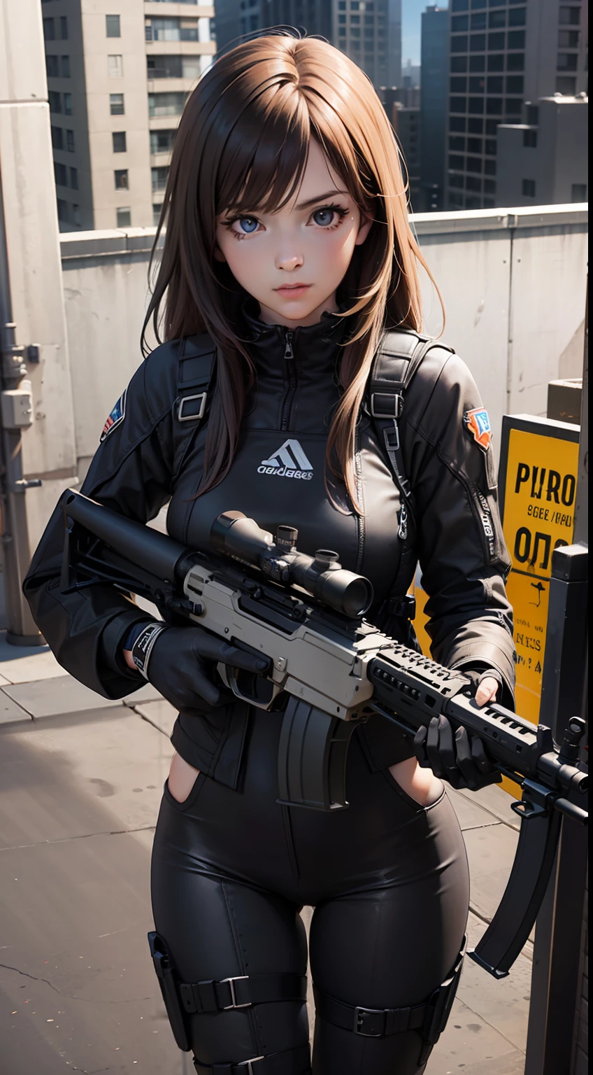 best quality, 4k,photorealistic, detailed assault rifle, super detailed texture, game cg, octane rendered,
1sniper,holding weapon,rooftop,optical sight, shooting girl, assault rifle,barrett, bodysuit,
