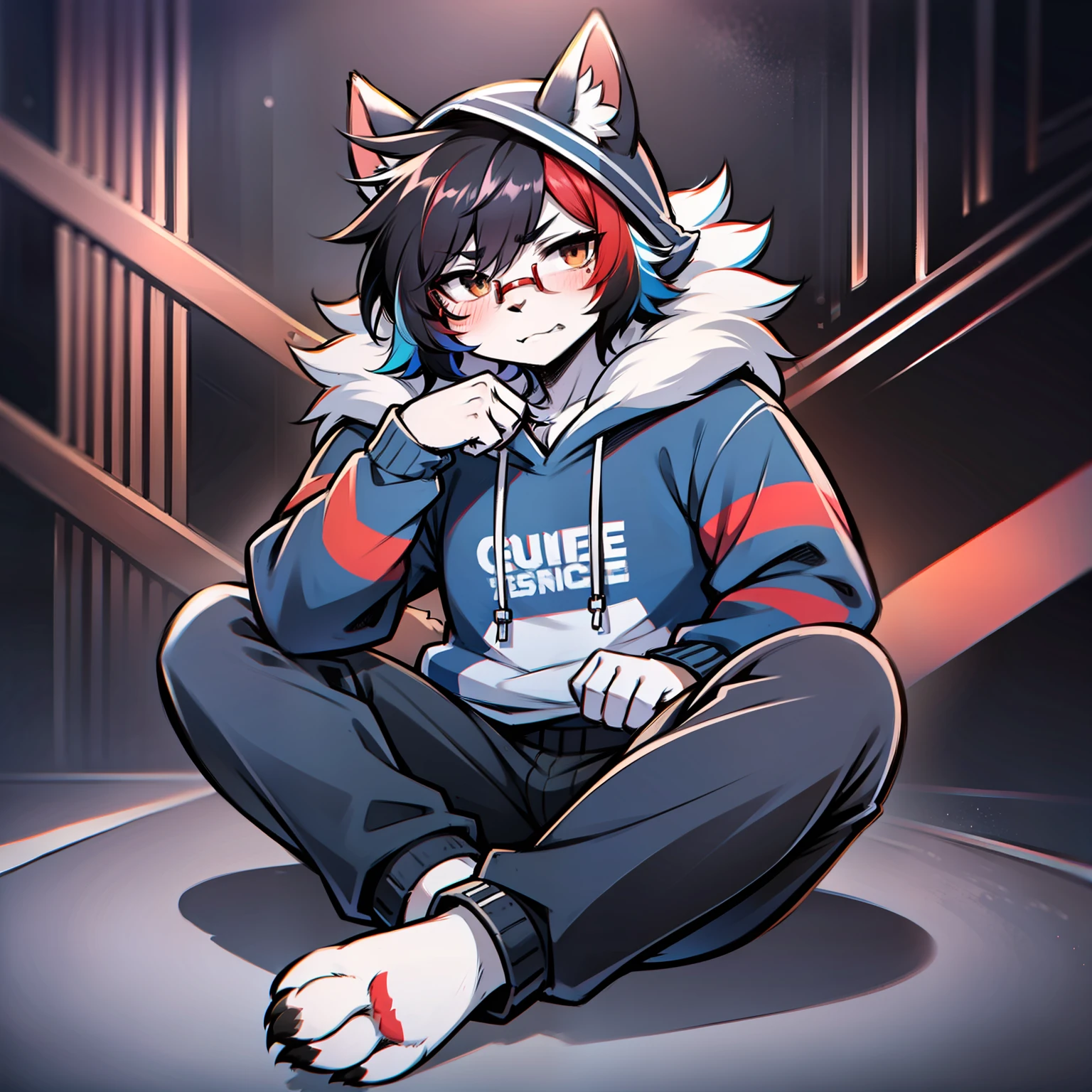 Hairy, black-eyed, soloist, hairy male, minor, full body fur, fluffy fur, white paws, blue-white fur, dark blue sweatshirt, black trousers, black hair, gray ears, gradient hair, multicolored hair, black glasses, fluffy tail, red stripes, short hair, blunt bangs, hood, boring, serious, black hair