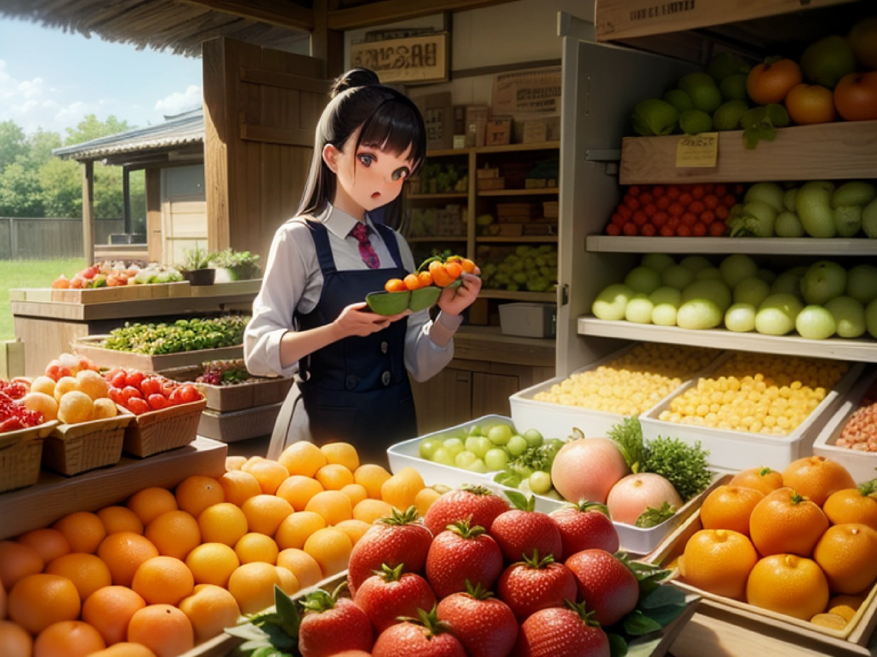 Strawberries, tangerines, turnips, loquat, Komatsuna, (fresh), bright, warm colors: 1.3, girls, greengrocers