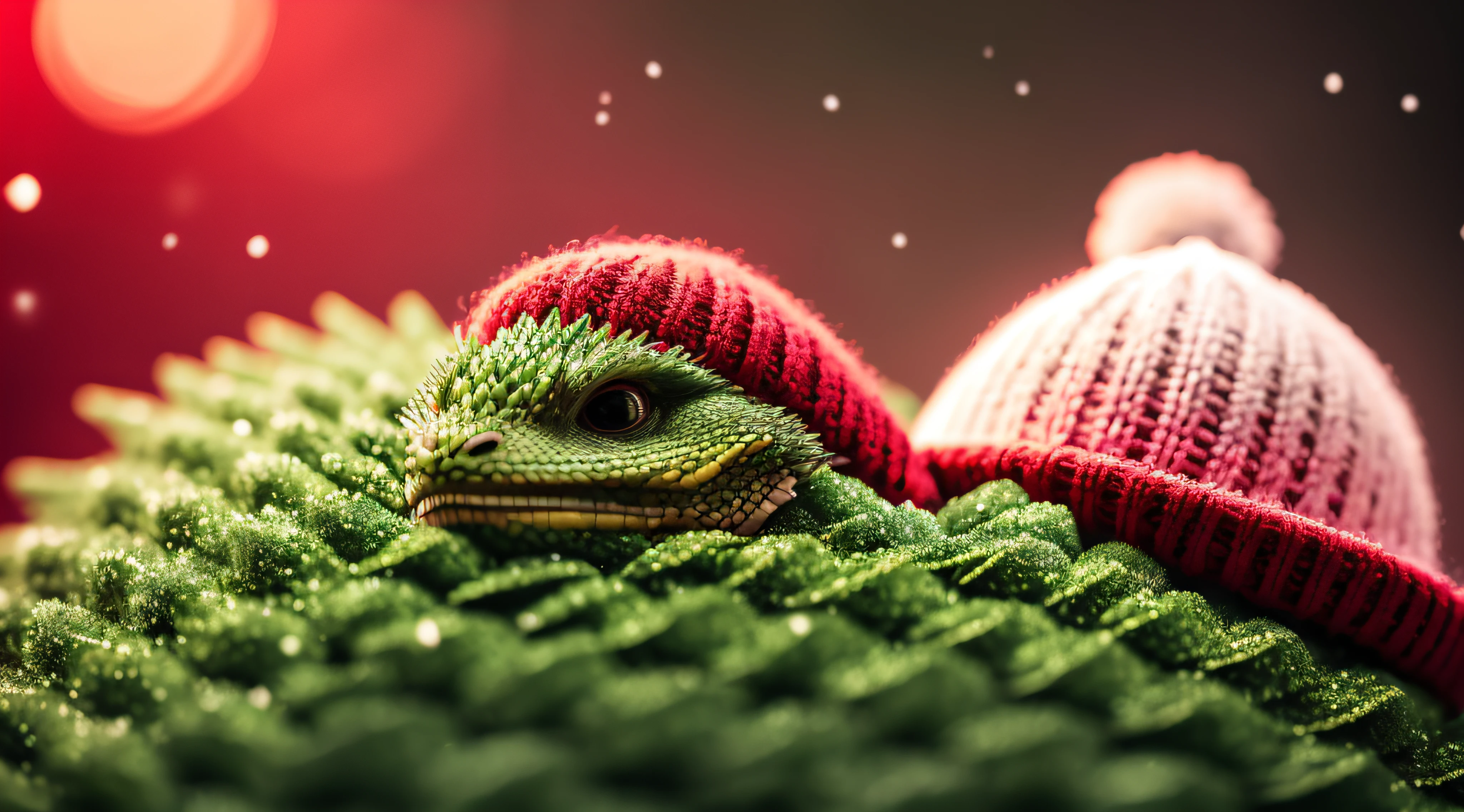 Dragon, ((Green Dragon)), ((Scales)) , blur, Christmas tree, Snow, Winter, New Year's hat, (New Year), nature, no_humans, depth of field, to8contrast style, DARK_Glam dressed in Christmas hat, deep shadows, (dark: 1.4), (8k, RAW photo, best quality, masterpiece: 1.2)