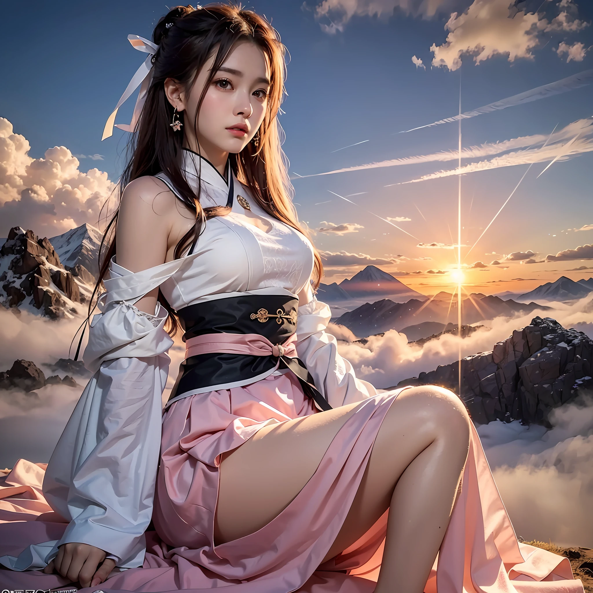 Real Photo, Original Photo, Realistic: 1.6, 1 Girl, MX Girl, Solo, Close-up, Wearing Hanfu, Tang Style, Light Pink Up the Mountain, White Breasted Treasure Skirt, An Ethereal Goddess Dressed in Clouds, Floating in Fog Clouds Effortlessly, Best Quality, Ultra High Resolution, (Realistic: 1.4), Masterpiece, High Resolution, Original, Extremely Detailed Wallpaper, Detailed Background, Sunset, Warm Color Temperature