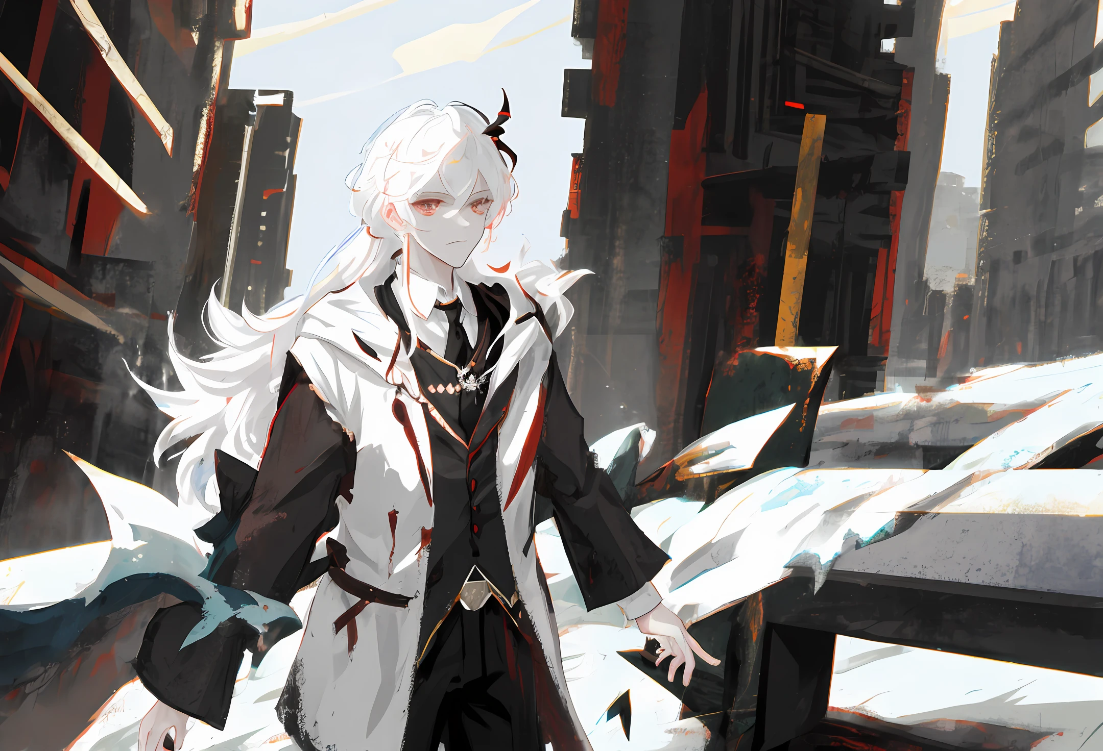 A guy in a necromancer-class sorcerer's outfit with big white hair, a scythe in his hand, and red eyes with dark energy all around him.