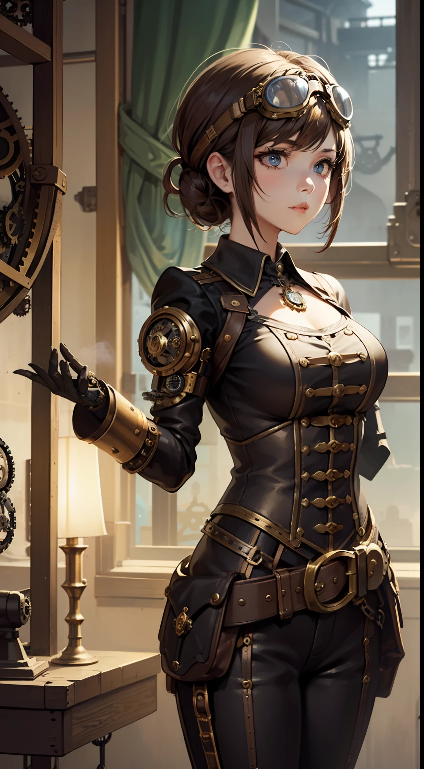 ((masterpiece)), (1girl), (steampunk theme:1.5), (mechanical elements:1.3), (goggles:1.2), (inventor:1.1), (engaged expression), (active pose), ((richly detailed workshop background)), (assorted gears:1.2), (steam-powered machinery), (blueprints),(flickering gaslights:1.1), (clockwork creations),(innovative:1.3),(brass and copper tones)
In a world of steampunk and innovation, a talented female inventor stands within her bustling workshop. She dons goggles, which rest on her forehead, highlighting her inquisitive eyes filled with determination. Her outfit is adorned with mechanical elements and brass accents, reflecting her passion for invention. She assumes an active pose, one hand adjusting a complex gear system while the other sketches out new ideas on a piece of parchment.