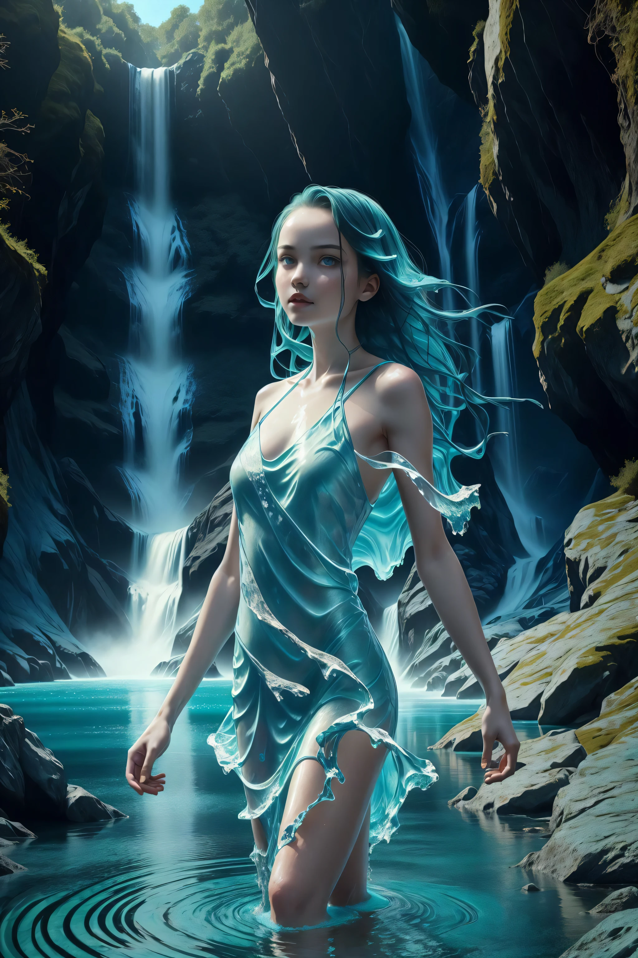 (girl by Fullwater:1), (liquid body, liquid, water, blue skin: 1), in waterfall, fantasy background, blue lighting, artistic, wearing teal strap dress, (medium closeup),