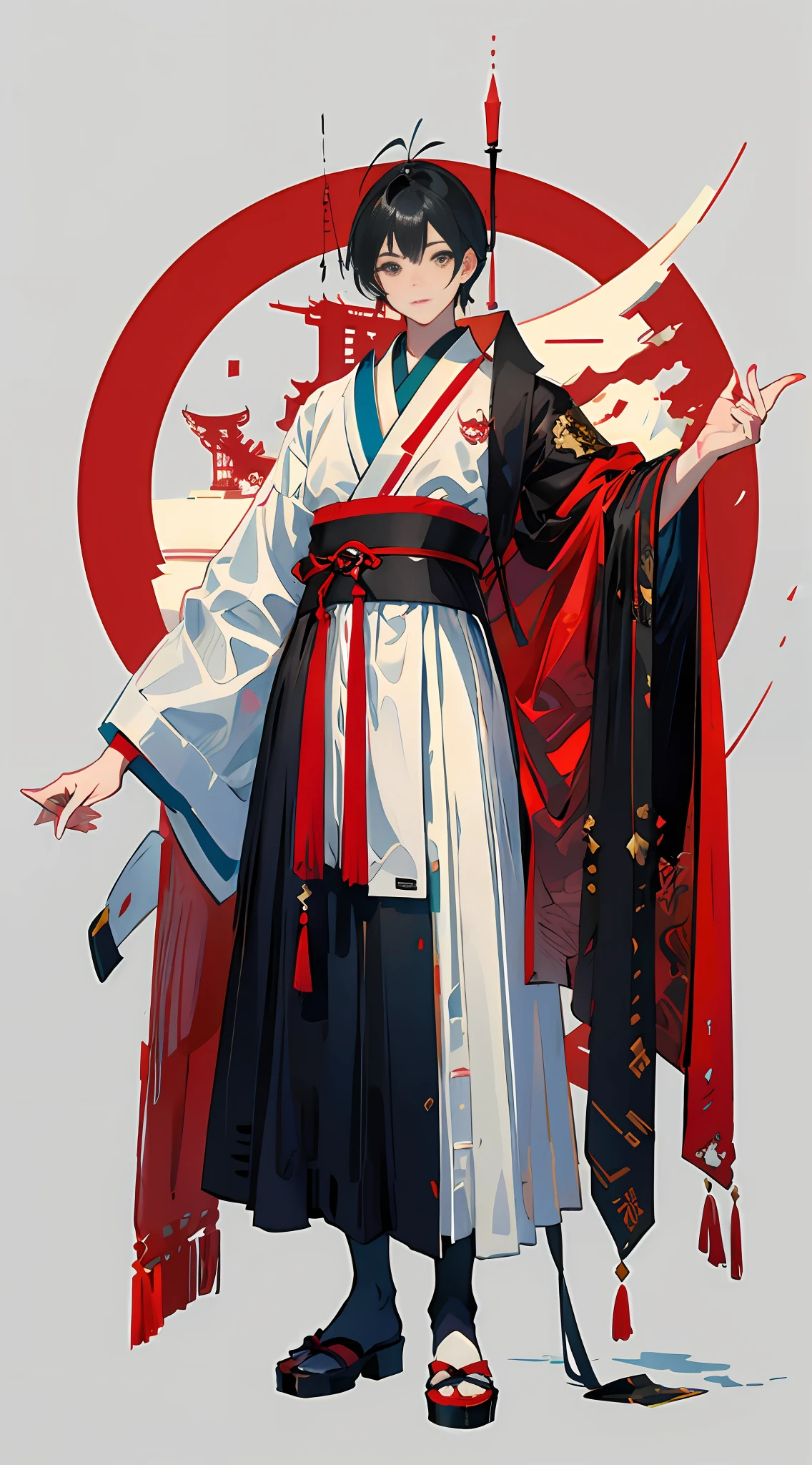 Create a full-body, highly detailed, high-resolution 16k image of a beautiful boy personifying Tokyo Tower. He is standing with his whole body visible. The design emphasizes elements that are characteristic of Tokyo Tower, such as the red and white color scheme and the characteristic antenna. The background is thimble, which should further emphasize the character. His pose should reflect the towering presence of the landmark and be strong and confident. The art style should be photorealistic, focusing on capturing the intricate details of his designs. --AR 16:9 --V 5.1 --Style raw --Q 2 --S 750