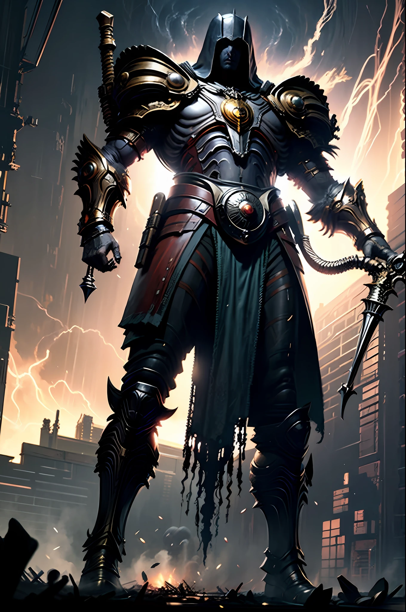 Inarius flies through the sky in D14bl0 style, with extremely detailed cyberpunk apocalyptic scenes, vast and wide-angle war-ravaged fields, wielding a golden cane and carrying a longsword