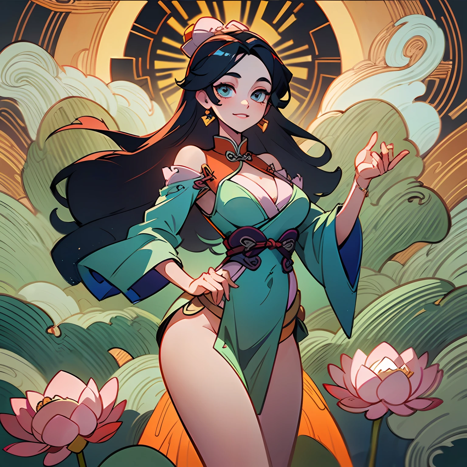 ((High-quality CG, Chinese painting style), (one female), bust drawing, character standing painting, a beautiful fairy dancing in the magnificent sky, beautiful and gorgeous posture, beautiful appearance like a flower, dressed in gorgeous clothes, like the first bloom of snow lotus, eyes shining with happiness, full of light, brilliant magic array surrounding, containing oriental aesthetics, gorgeous fairy clothes, exquisite posture, long hair like a waterfall, white light flashing, dreamy clouds, C4D, OC rendering, movie edge light, fine light, masterpiece, super detail, epic composition, ultra HD, high quality, 32k