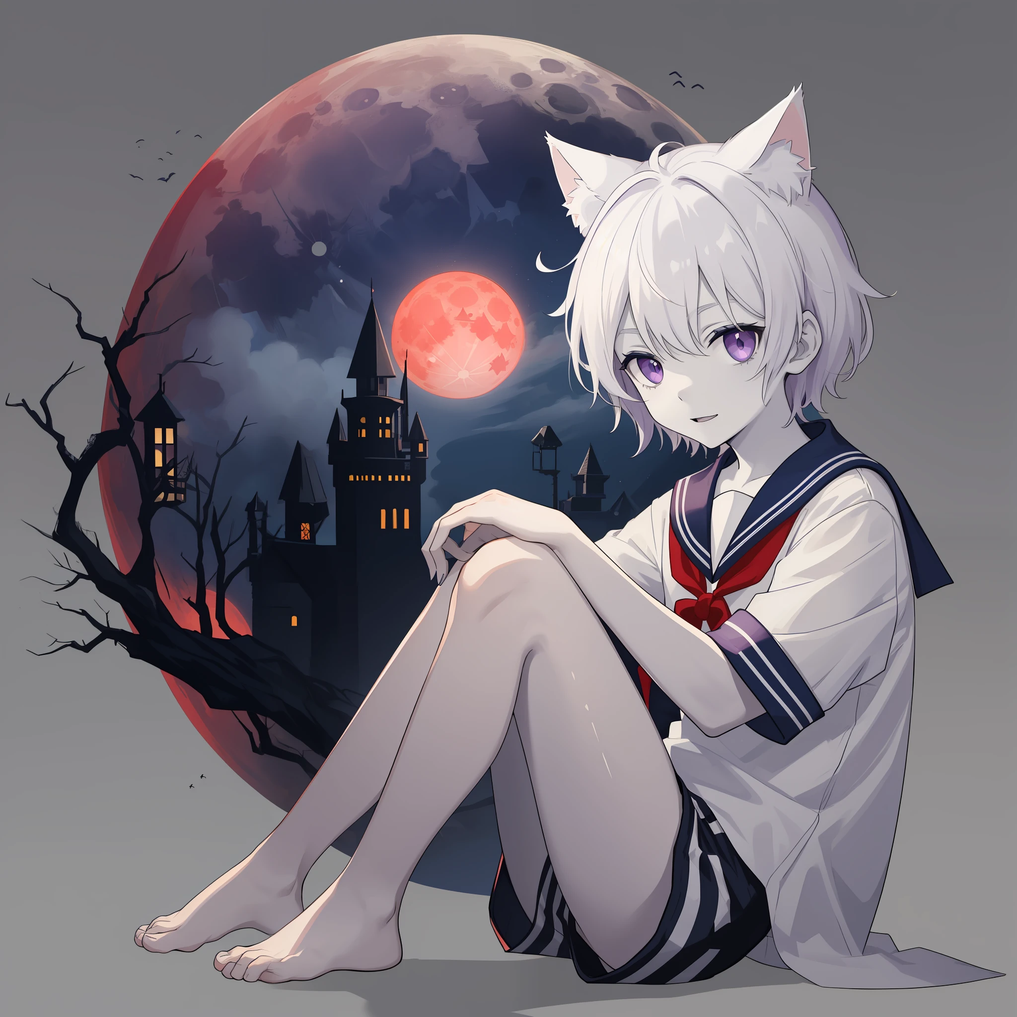 ((Pale Skin)), (Little Boy), (Red Moon), (Short Hair), (Purple Eyes), (White Hair), (Blue and White Striped Sailor Suit), (Blue and White Striped Shorts), (Barefoot), (Happy), (Cat Ear Tail), (Handsome), (Sitting on the Moon), (Zombie)