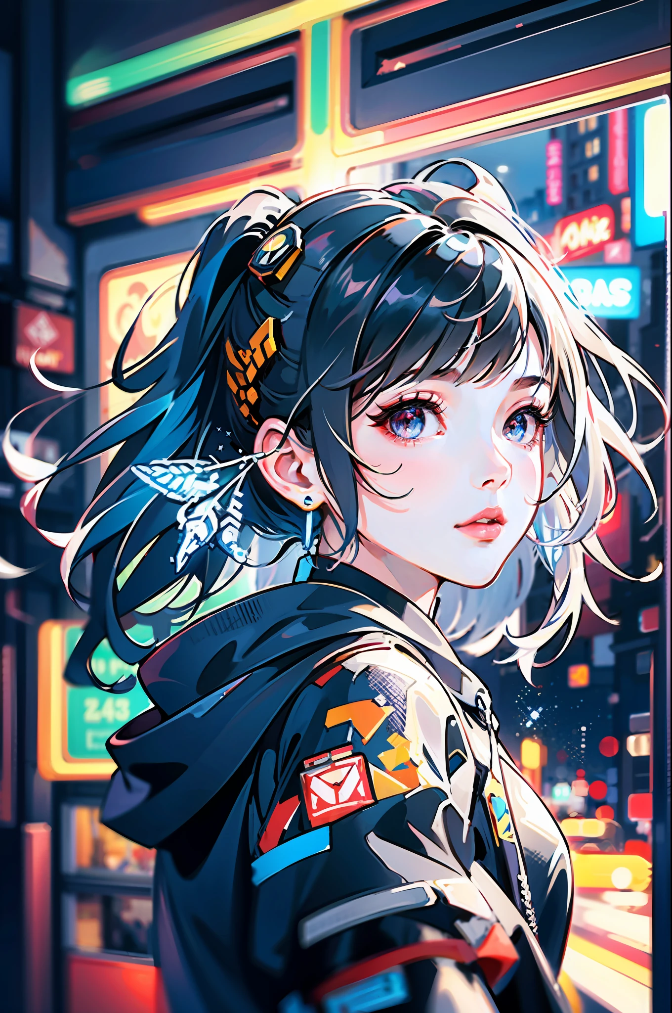 (Masterpiece), Best Quality, Ultra High Resolution, ***********, Cyberpunk 1girl Flying over Stunning Cityscape, Hoodie, Blue Hair, Neon Shooting Star, Very Long Hair, Off-the-Shoulders, Feather Hair Ornaments, Neon Color, Glitter, Stunning Night Sky, Cinematic Lighting, Realistic, Realistic Skins, HDR, Fisheye