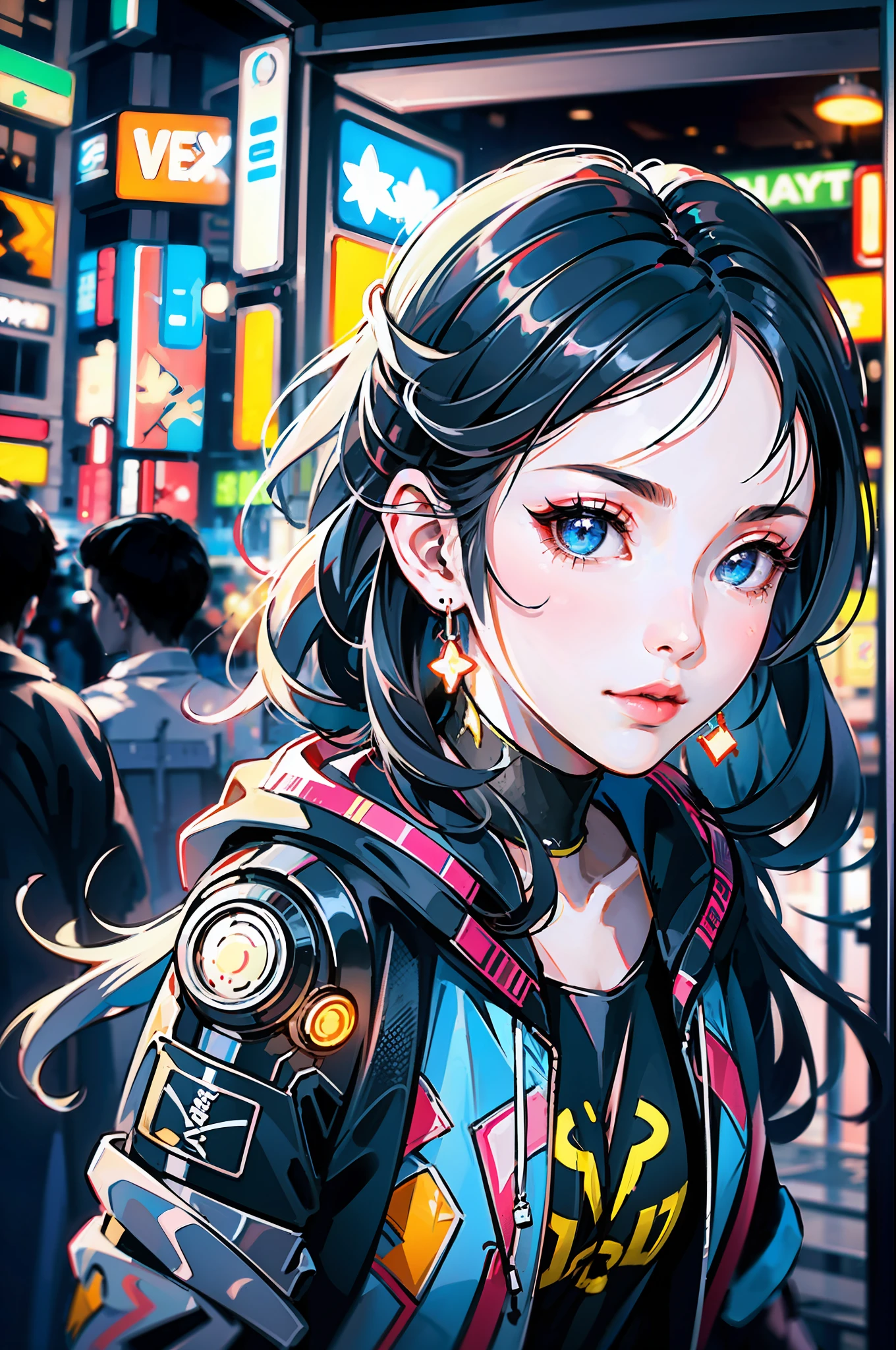 (Masterpiece), Best Quality, Ultra High Resolution, , Cyberpunk 1girl Flying over Stunning Cityscape, Hoodie, Blue Hair, Neon Shooting Star, Very Long Hair, Off-the-Shoulders, Feather Hair Ornaments, Neon Color, Glitter, Stunning Night Sky, Cinematic Lighting, Realistic, Realistic Skins, HDR, Fisheye