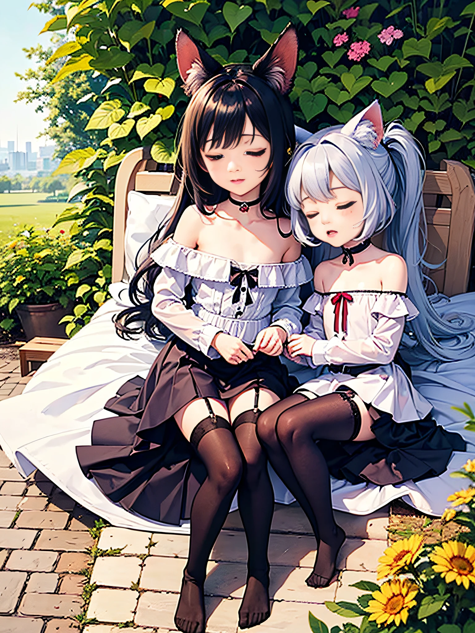 Masterpiece, best quality, very detailed, ((3)) girl, (flat chest), (white) Garter belts_ Belt, strapless dress, exposing collarbone, off shoulder, zettai ryouiki, off shoulder, exposing collarbone, cat ears, leaning together, lying in the garden, eyes closed, one blue hair, one white hair, one red hair, choker, very long hair, ponytail_ Hair, half body photo, no shoes, exposed thighs