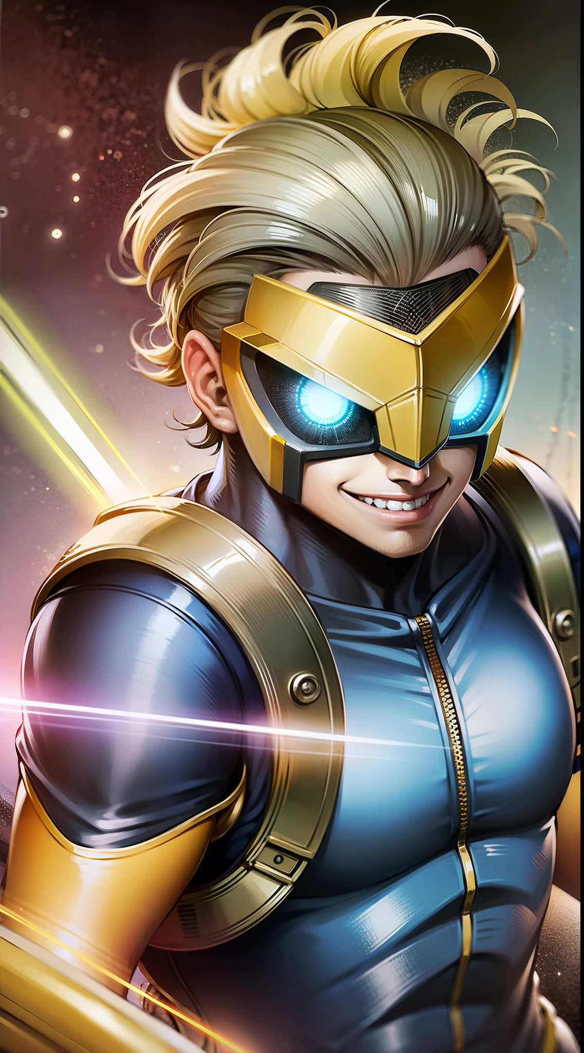Young guy, short blonde hair, cyan eyes, yellow blue superhero costume, superhero mask, smile, laser, masterpiece, high quality