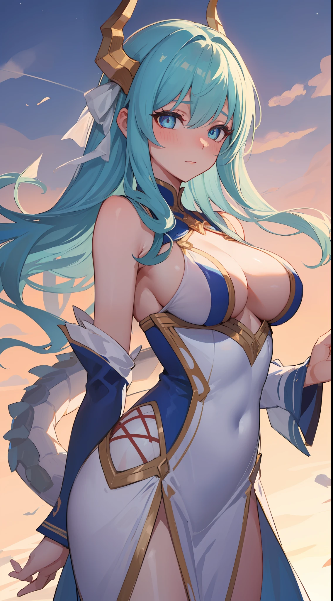 1tsundere mommy, long sharp light-blue hair, sharp blue eyes with sharp star pupils, wears a white royal uniform, she is a dragon girl and queen of dragons, medium boobs, 8k, beautiful scenery colour, she is very hot blushes dragon mommy ((mommy nor milf face)) ((8k))