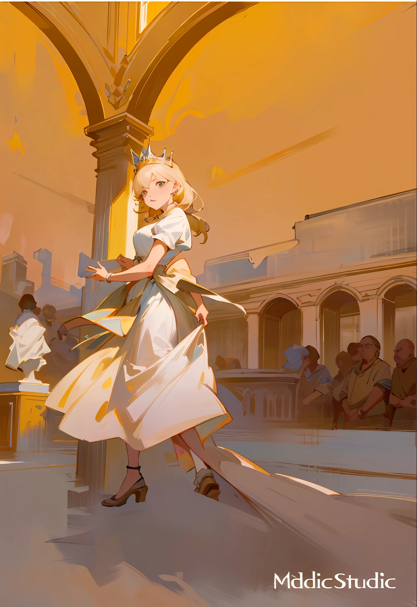 Model shooting style, (extremely detailed CG Unity 8k wallpaper), full-shot body photo of the most beautiful artwork in the world, stunning beautiful photo realistic available, super realistic super detailed photo, a beautiful girl as a female dancer entering the Loggia dei Lanzi of Florence,complex dress, banquet, crowd, [slight smile], (Sculpture of Hercules background), (princess eyes, shining pupils), detailed symmetrical beautiful hazel eyes, detailed gorgeous face, highly detailed, Vibrant, professional majestic oil painting by Ed Blinkey, Atey Ghailan, Studio Ghibli, Jeremy Mann, Greg Manchess, Antonio Moro, ArtStation Trends, CGSociety Trends, Complex, High Detail, Sharp Focus, Dramatic, Realistic Painting Art, by Midjourney and Greg Written by Rutkowski