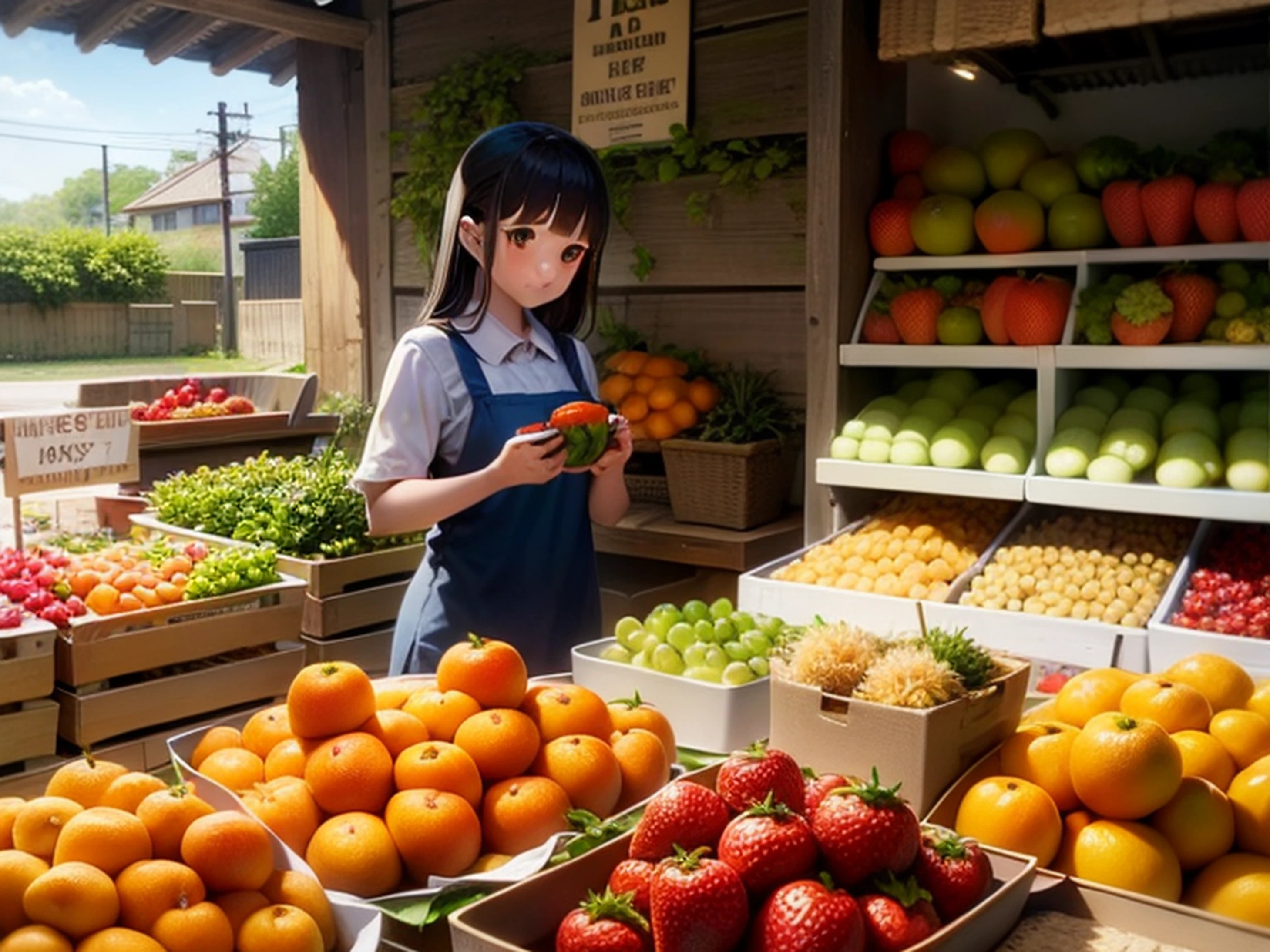 Strawberries, tangerines, turnips, loquat, Komatsuna, (fresh), bright, warm colors: 1.3, girls, greengrocers