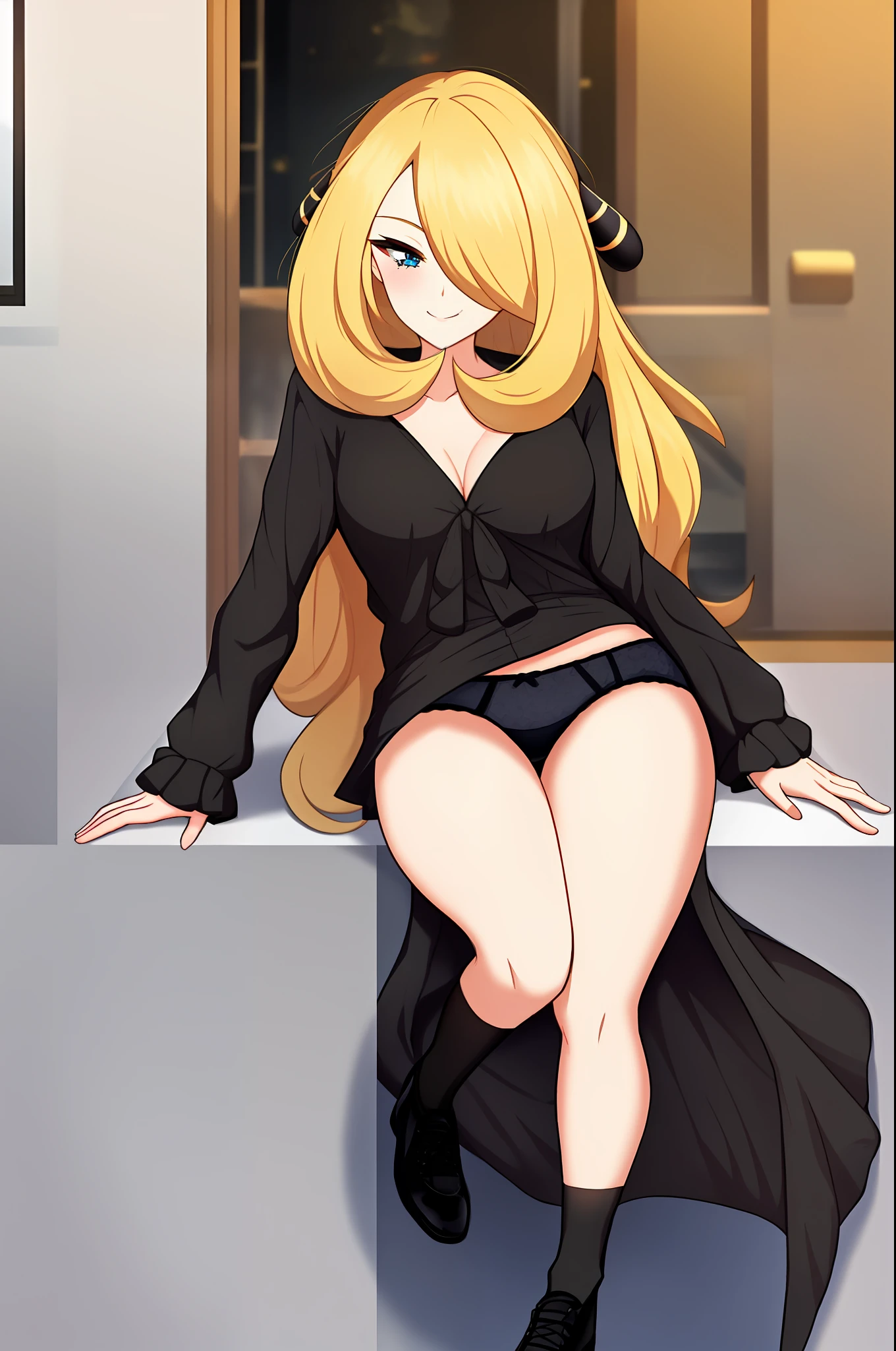 Cynthia, Cynthia from pokemon, masterpiece: 1.2, smile, hair_over_one_eye, medium_breasts, full body, outdoor, casual wear, black blouse, low-cut blouse, wide neckline, black skirt, long skirt. Skirt collected in her hands, hold her skirt to show her underwear, panties, tight panties, blue line panties, seen from the floor.