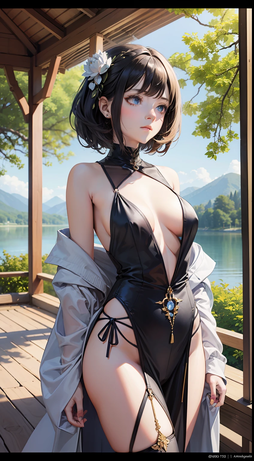 Fashion Girl, (height: 1.1) , (color: 0.9) , (masterpiece: 1.2) , extremely complex, best quality, detail, 8k, height, 1 girl, mature female, solo, medium lens, define 'real' light source, straight line, (image above: 0.9) , (shot over shoulder) , (chest: 1.1) , Tall Woman, (crotch: 1.1) , shot from a distance, looking away, gradation of hair, indigo eyes, delicate eyes, shy expression, pavilion, lake, Lotus, tree, mountain in the distance