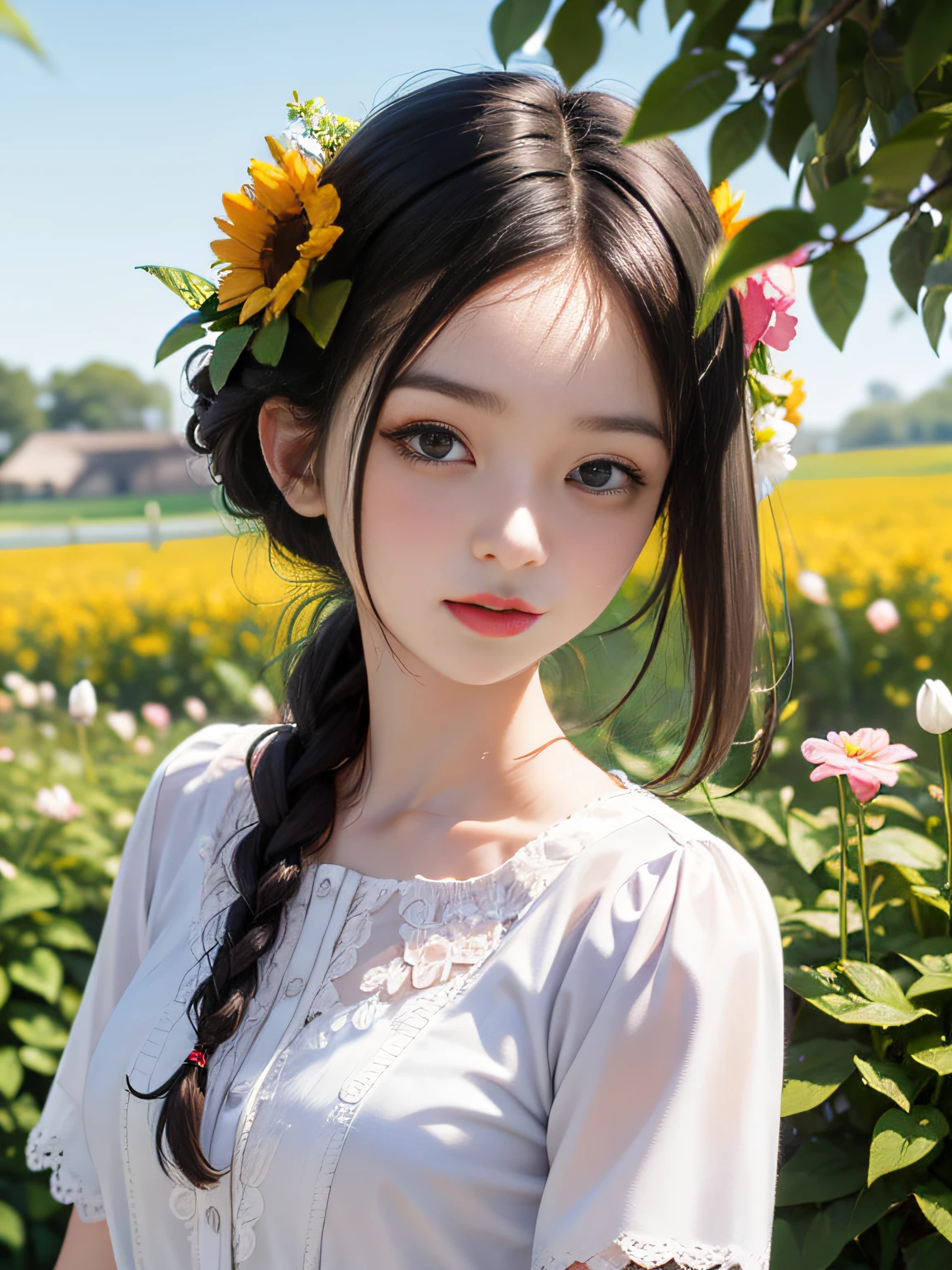 HD, depth of field, spring, smaller head, sideways, black hair, garland, anime, lace short sleeves, shirt, wild, country, colorful flowers and plants