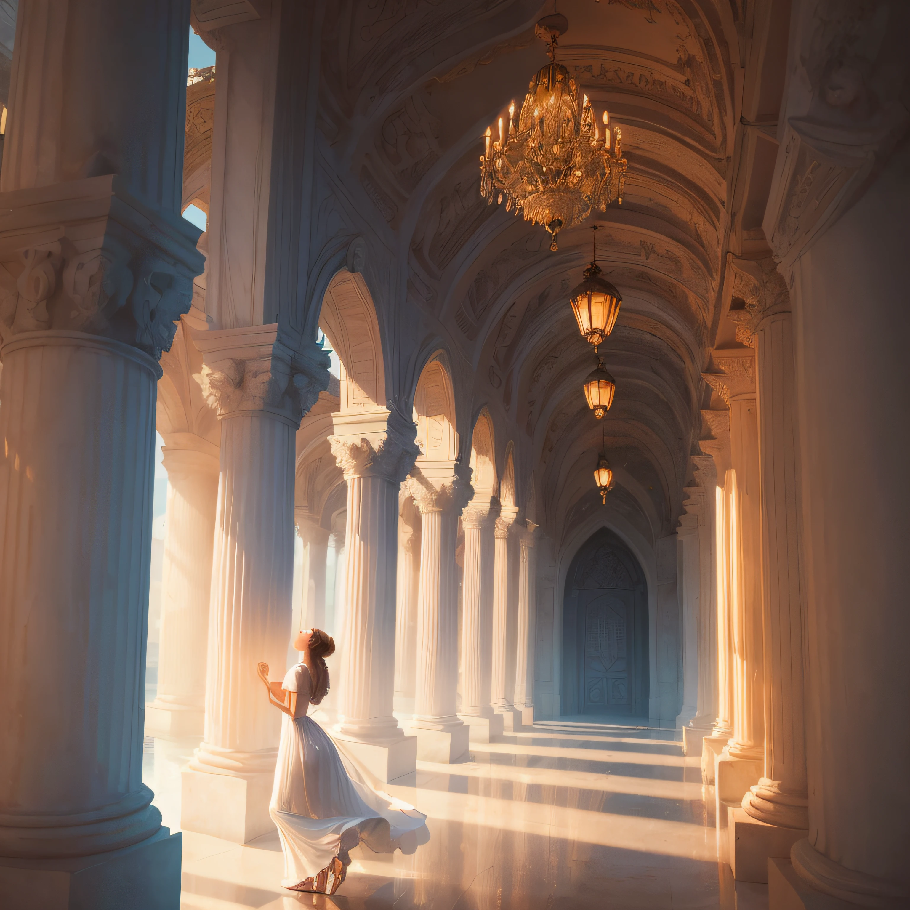 Imagine a scene where a young man dreams of the image of a young woman in a lush white dress floating above the ground amid a column of light with eyes full of compassion and affection --auto