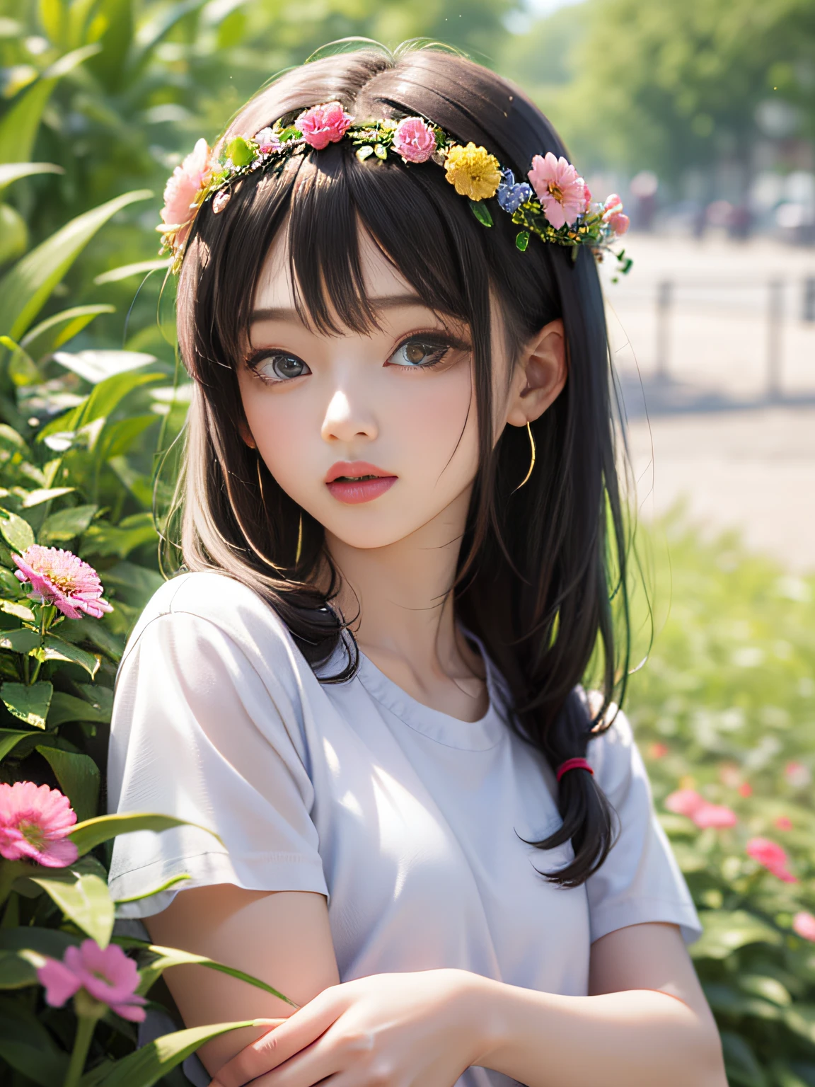 HD, depth of field, spring, smaller head, sideways, black hair, garland, anime, lace short sleeves, shirt, wild, country, colorful flowers and plants