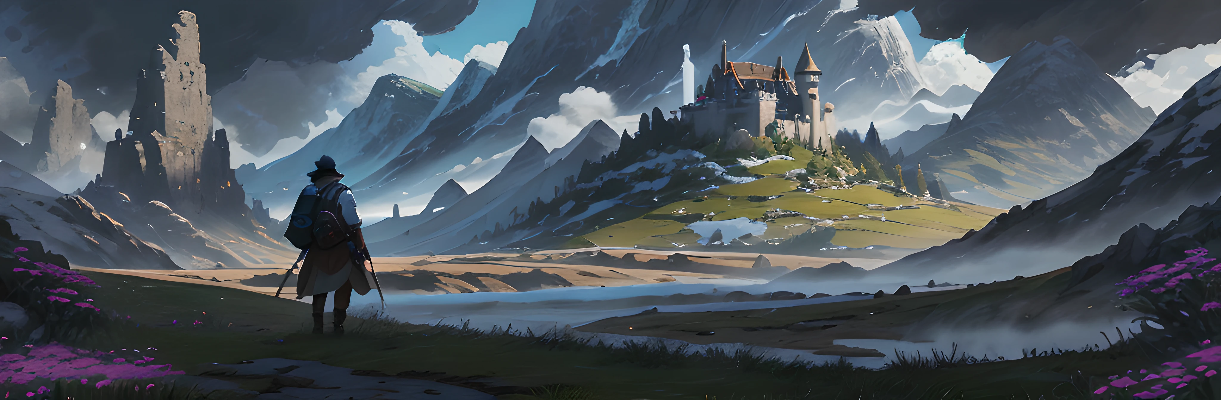 Anime scene of a man standing in a field with castle as background, hyper-detailed, highly realistic, Silvain Sarrailh, high fantasy landscape, ruined landscape, 4k highly detailed digital art, anime landscape, impressive fantasy landscape, fantasy art landscape, Andreas Rocha style, concept art. Epic landscapes, most epic landscapes, epic landscapes, fantasy landscape painting, anime landscape concept art