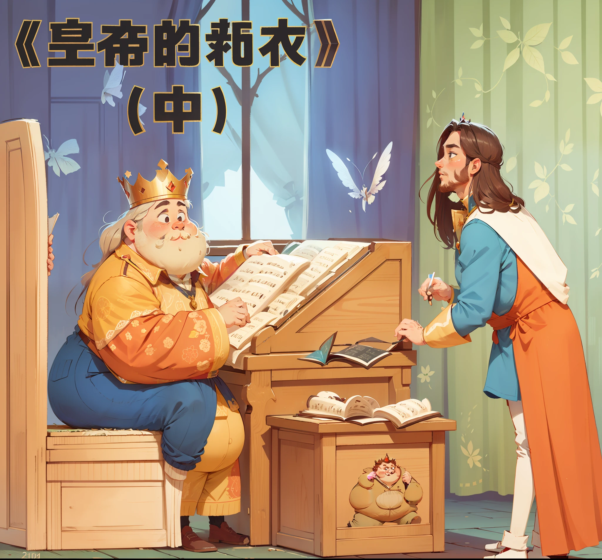 A fat king plays the piano, and a male servant with long brown hair stands next to him, the emperor's new outfit