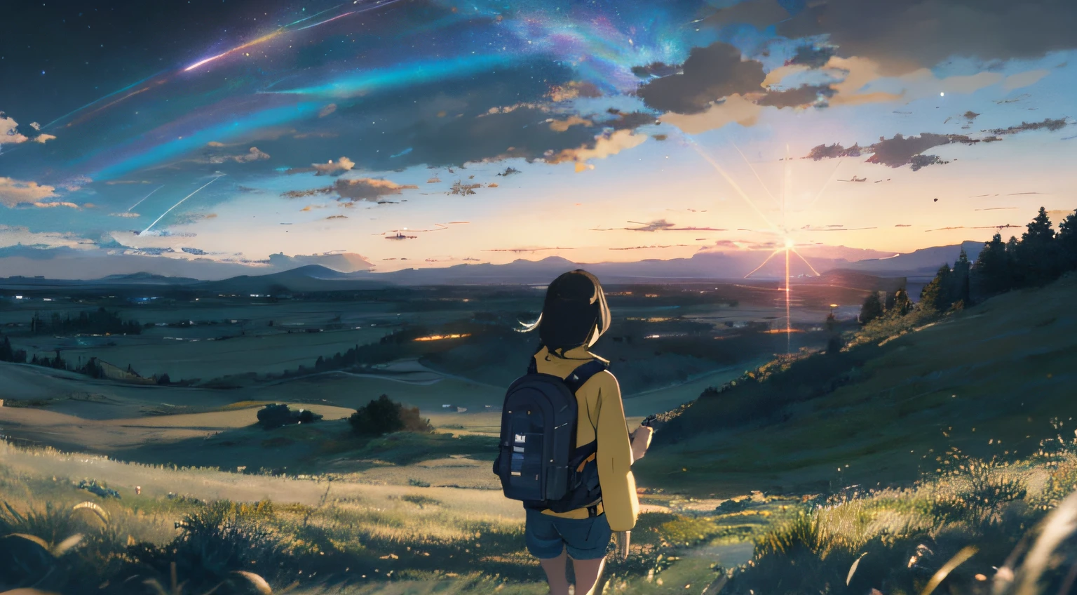 The vast starry sky, the beautiful skyline, the vast grasslands, the extremely tense and dramatic pictures, the moving visual effects, the high-hanging Polaris, and the colorful natural light. A long-sleeved top, denim shorts, and a girl with a backpack.