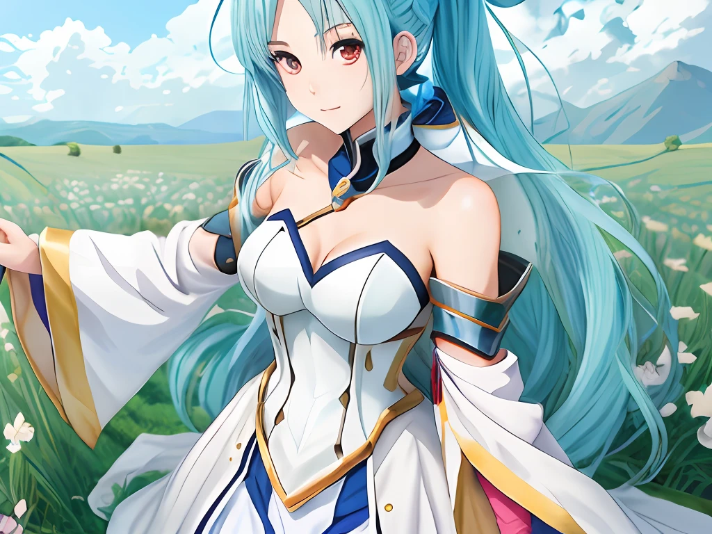 Anime girl with blue hair and white dress posing in a field, Zodiac Girl Knight, Zodiac Girl Knight in portrait, inspired by anime goddess, Rei Kamoi, Fusley, pale blue armor, SFW version, God of White Hair, Flowing White Robe, Aqua of Konosuba