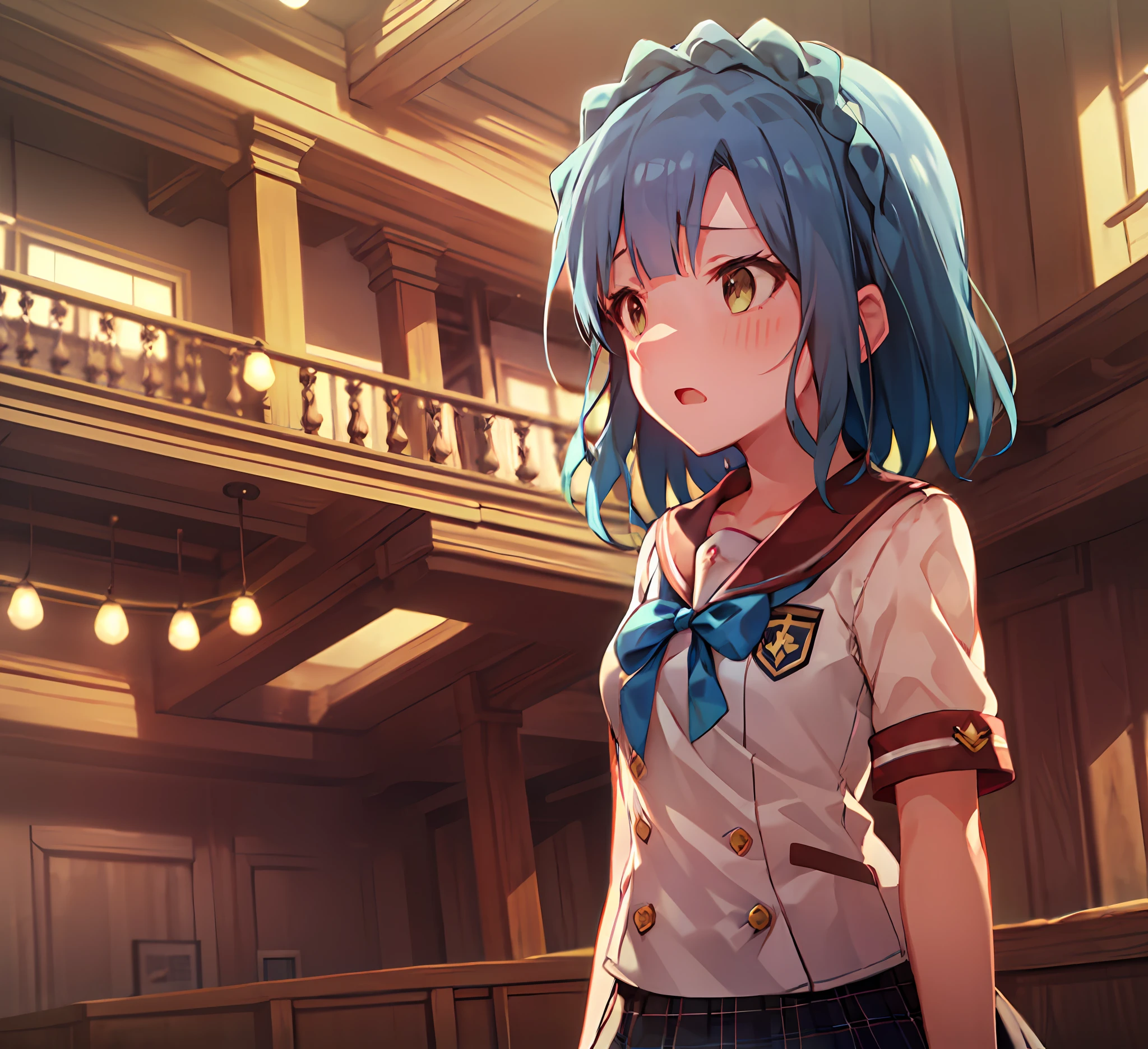 Yuriko Nanao (Million Live), (Top Quality, 8K, Masterpiece, Super Detail: 1.2), Cinematic Angle, Wide Shot, 1 Girl, Solo, Skirt, Watch Audience, Sailor Color, Pleated Skirt, Short Sleeve, School Uniform, Blush, Serapuk, Clavicle, Ribbon, Upper Body, Adjusted Hair, Wind, Floating Hair,Stand Up. ((((Despair Face)))).Sunset.Small Breasts. (((((empty eyes)))).open your mouth. (((helplessness))).