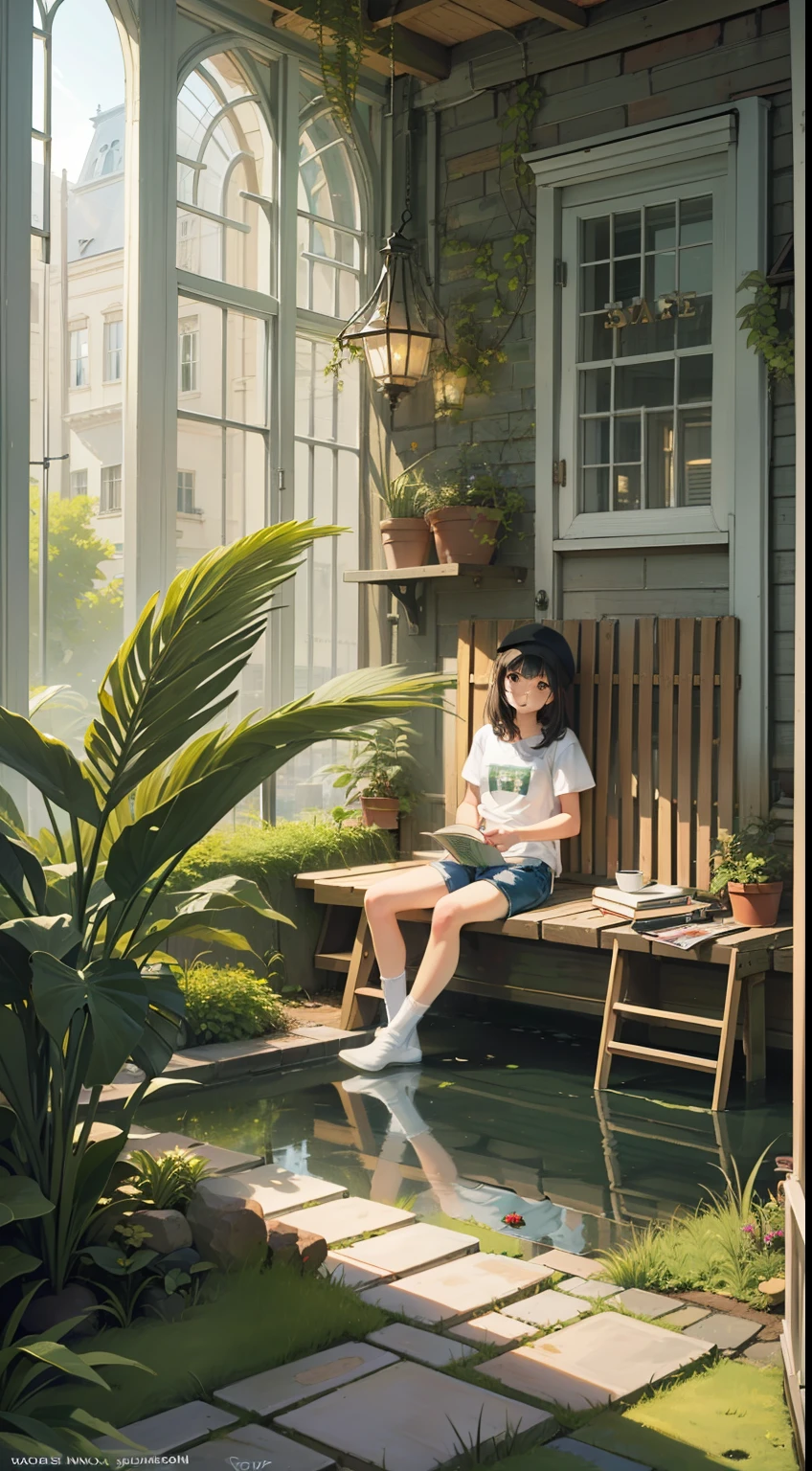(micro-landscape:1.5),(best quality), ((masterpiece)), (highres), illustration, original, extremely detailed wallpaper, no humans, window, scenery, plant, water, potted plant, outdoors, building, door, house, flower pot, day, lily pad, chair, flower, table, stairs, tree, sunlight, pond, grass, indoors, reflection, lamp, balcony, black headwear, bush, sky, railing, desk, open window, shelf, leaf, book, web address, copyright name, ladder, architecture, shadow, solo, dated, vines, vase, city, cafe, lantern, bucket, ruins, bench, signature, moss,
(white T-shirt:1.3), (white socks:1.2), (denim shorts:1.3), (sit on the muji body fitting sofa:1.2), (dual horsetail hair),slippers, study, bookshelf, Large window, Hanging picture, wag-on-the-wall, sunlight, pendant, (expression:1.2)