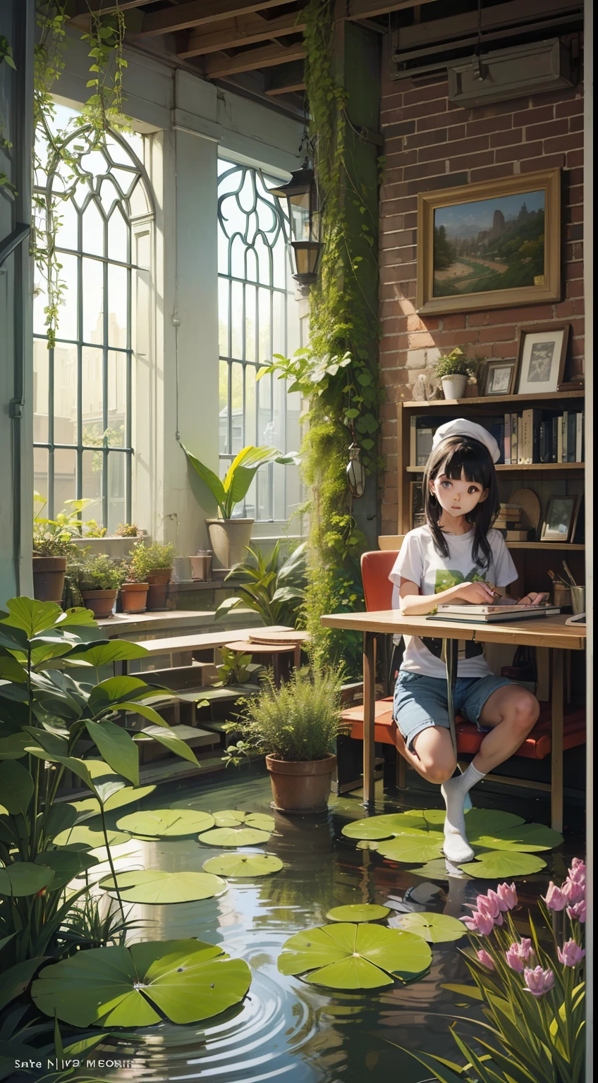(micro-landscape:1.5),(best quality), ((masterpiece)), (highres), illustration, original, extremely detailed wallpaper, no humans, window, scenery, plant, water, potted plant, outdoors, building, door, house, flower pot, day, lily pad, chair, flower, table, stairs, tree, sunlight, pond, grass, indoors, reflection, lamp, balcony, black headwear, bush, sky, railing, desk, open window, shelf, leaf, book, web address, copyright name, ladder, architecture, shadow, solo, dated, vines, vase, city, cafe, lantern, bucket, ruins, bench, signature, moss,
(white T-shirt:1.3), (white socks:1.2), (denim shorts:1.3), (sit on the muji body fitting sofa:1.2), (dual horsetail hair),slippers, study, bookshelf, Large window, Hanging picture, wag-on-the-wall, sunlight, pendant, (expression:1.2)