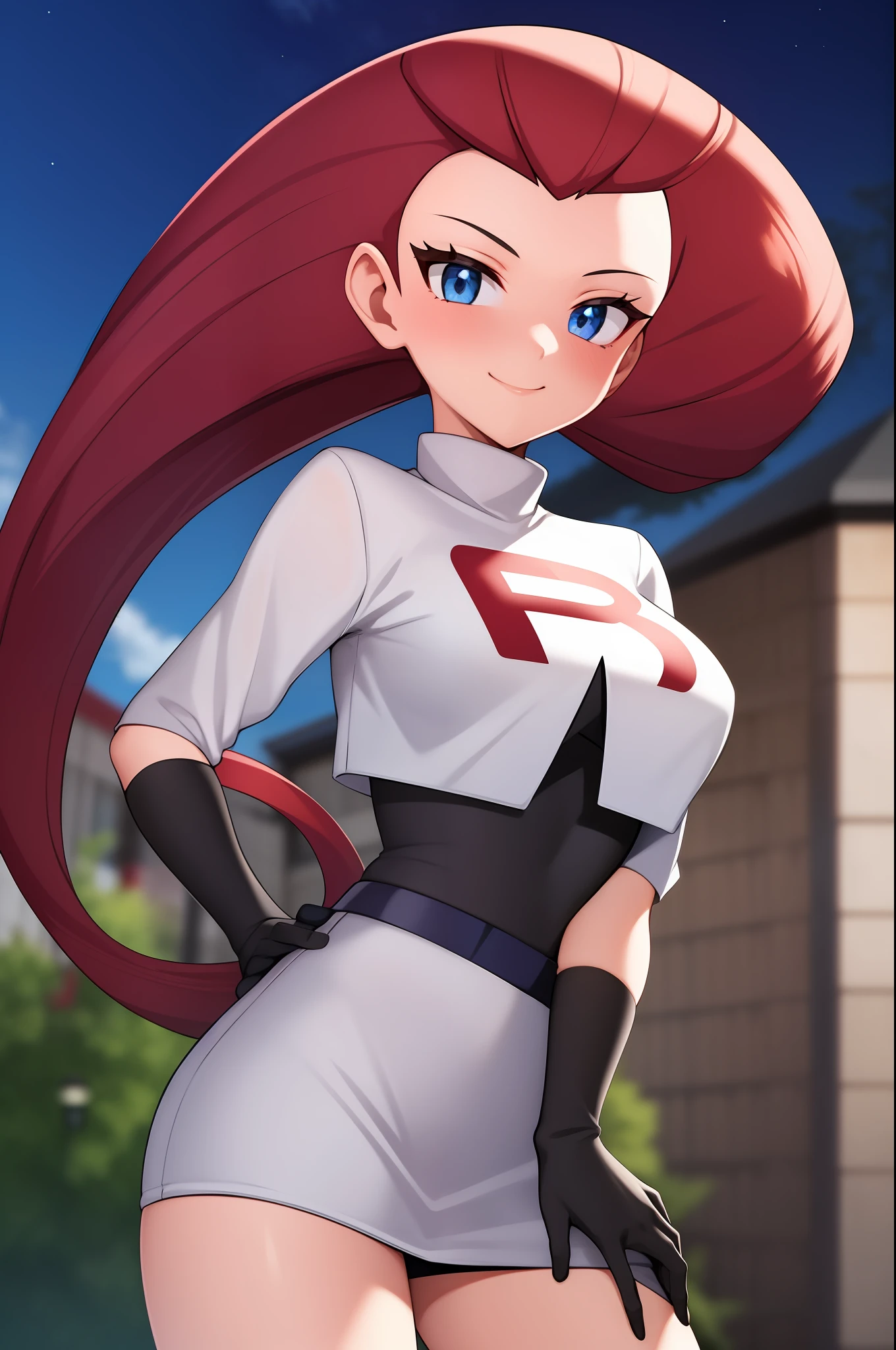 Solo, 1 girl, Woman, Jessie, Jessie from pokemon, long hair combed back, reddish hair, blue eyes, white Team Rocket uniform, ambient lights, detailed short black gloves, red r on clothes, outdoor, smile, tight short skirt.