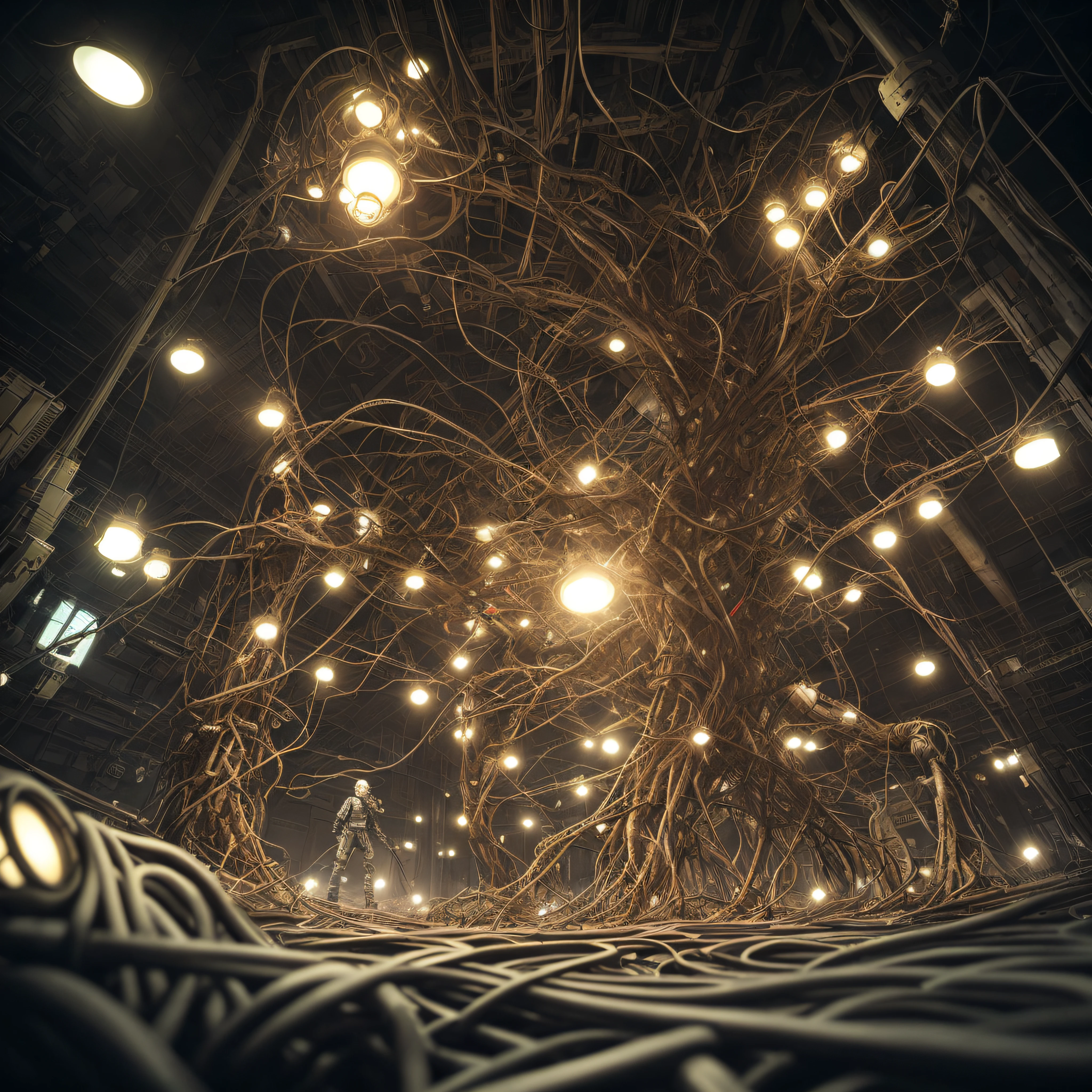 Musical synthesizers connected to an incredibly complex network of fractals and 3d wires and intricate cables arching behind the environment that mixes technology and roots that cross robots and technological pieces, dark fantasy, dark atmosphere, atmospheric lighting, cinematic lighting, best angle, ultra detailed, intricate, texturing of multiple modular layers of metal and ceramic overlays,  sci fi, epic, thriller, cinematic, hyper detailed, hyper realistic, 8k