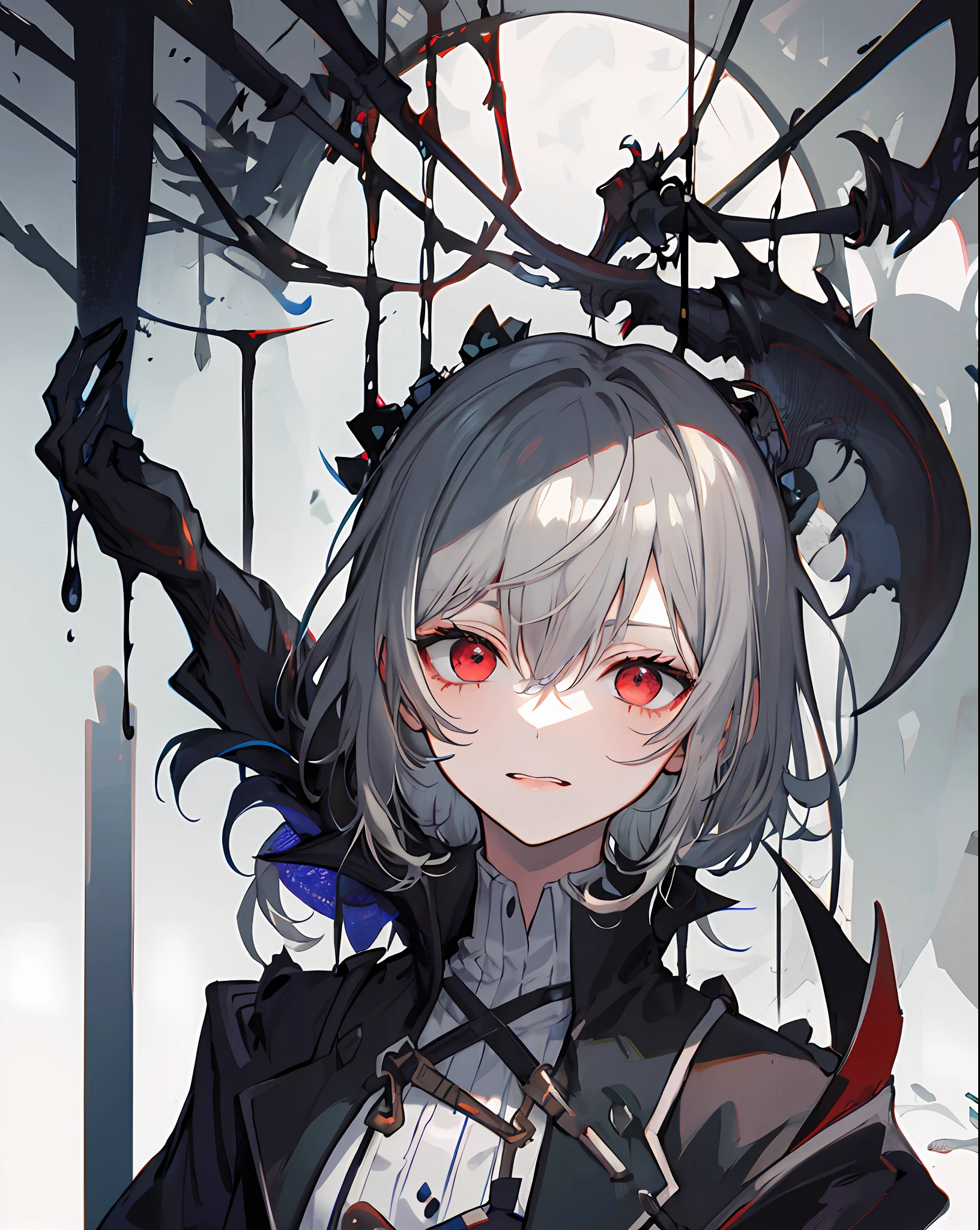 A girl, solo, masterpiece, best quality, gray hair, gray hair, gray hair, red eyes, blackening, darkness, sickle, shadow, villain, sneer, look down, black shadow, sticky black liquid, gloomy