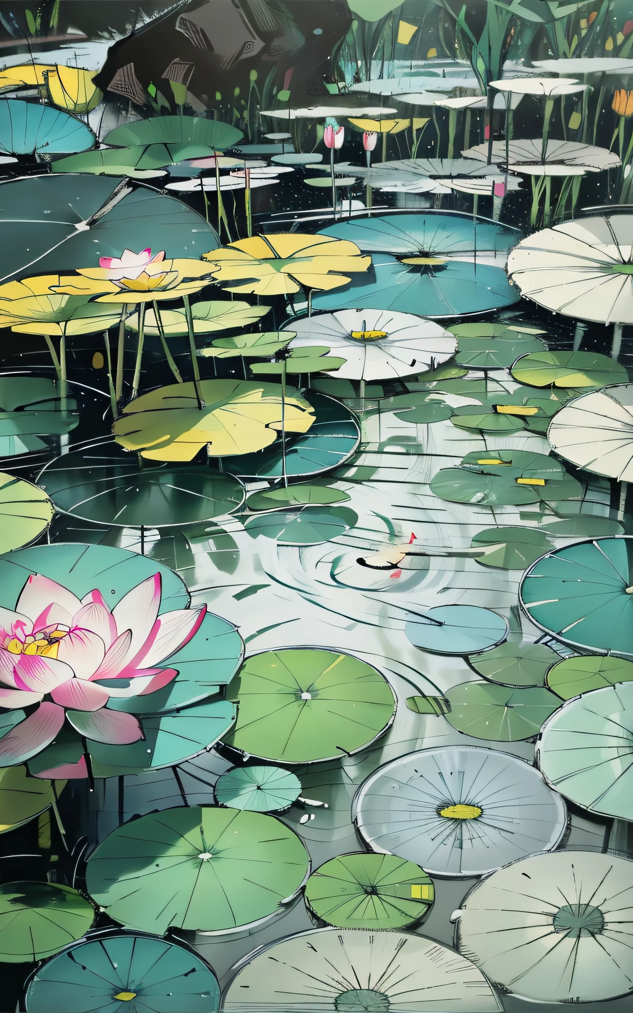 8K HD, best quality, clear picture, very detailed, amazing detail, clear focus, optimized depth of field for more realistic picture, blue theme, Japanese carp, mild, pond, lotus, optimized fin