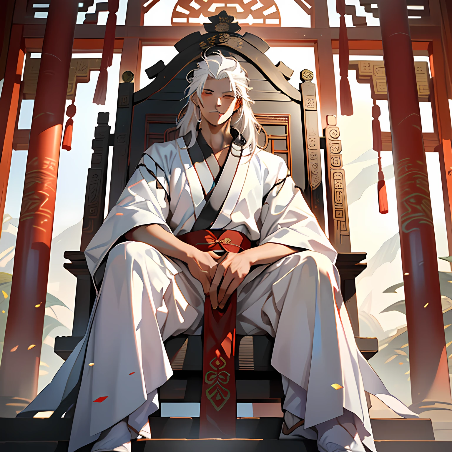 28. (1 person) ( (((white hair))),(((aboy))).((white Hanfu youth)), (((white hair)))(((black clothes))), (((Long white hair))), kingly air, gorgeous, handsome, outstanding temperamen, sits on the sacred throne, indifferent) (background: the sacred, resplendent palace hall of ancient China).
twenty-nine。.