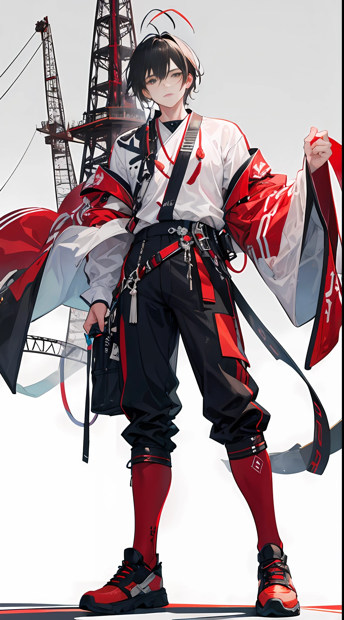 Create a full-body, highly detailed, high-resolution 16k image of a beautiful boy personifying Tokyo Tower. He is standing with his whole body visible. The design emphasizes elements that are characteristic of Tokyo Tower, such as the red and white color scheme and the characteristic antenna. The background is thimble, which should further emphasize the character. His pose should reflect the towering presence of the landmark and be strong and confident. The art style should be photorealistic, focusing on capturing the intricate details of his designs. --AR 16:9 --V 5.1 --Style raw --Q 2 --S 750