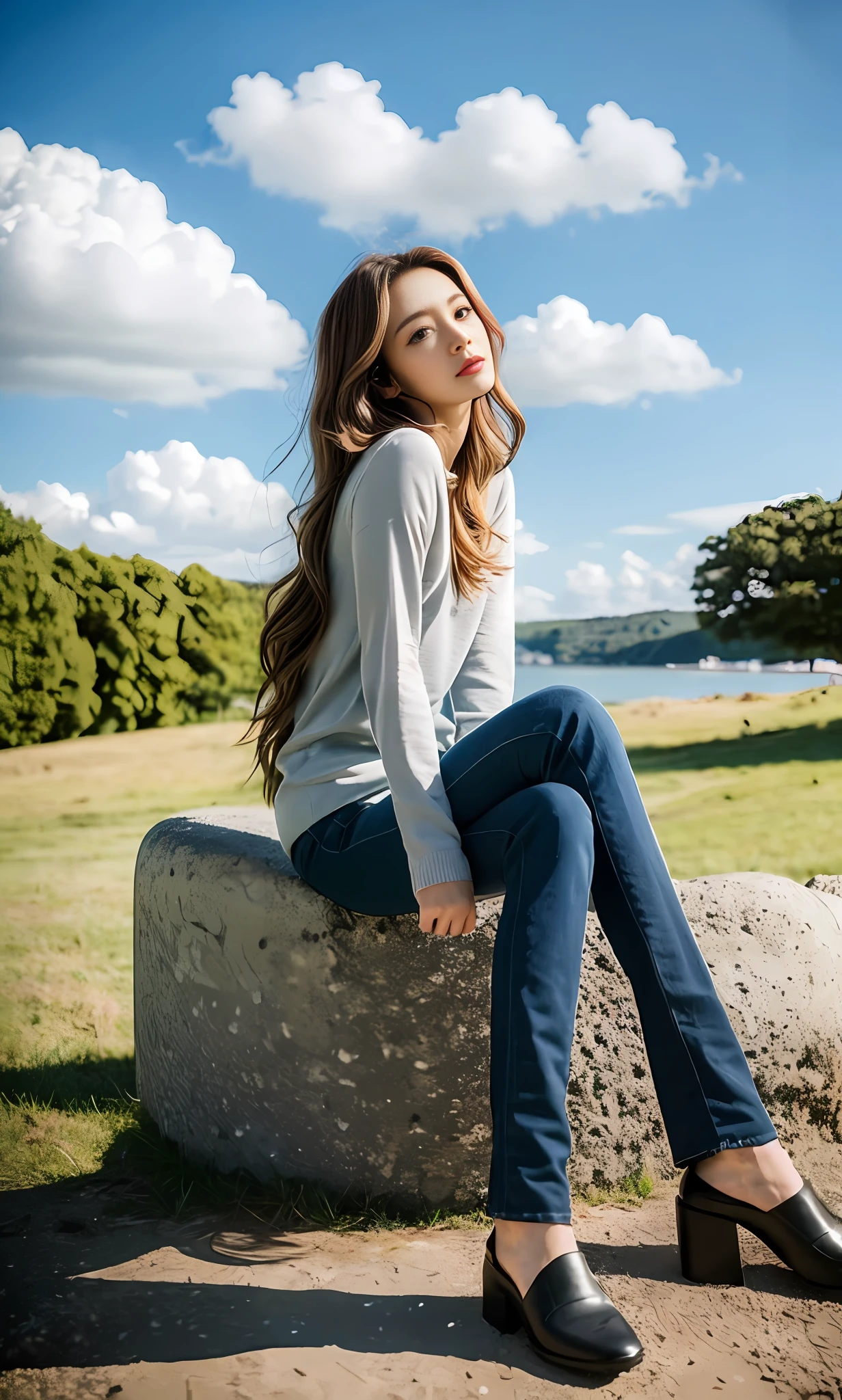 (8k, RAW photo, top quality, masterpiece: 1.2), (full body: 1.1), (long sleeve: 1.2), (long pants: 1.2), highest quality, masterpiece, (small pants: 1.2), very delicate and beautiful, 8k wallpaper, amazing, fine details, masterpiece, top quality, (22 years old: 1.2), slender waist, (bright blue sky and white clouds, coast, sitting, nature: 1.2), slim, shy, pure, cute, golden hair, thick hair, soft hair, high contrast, replenishing light, beautiful and delicate eyes (silently), (long hair: 1.2)