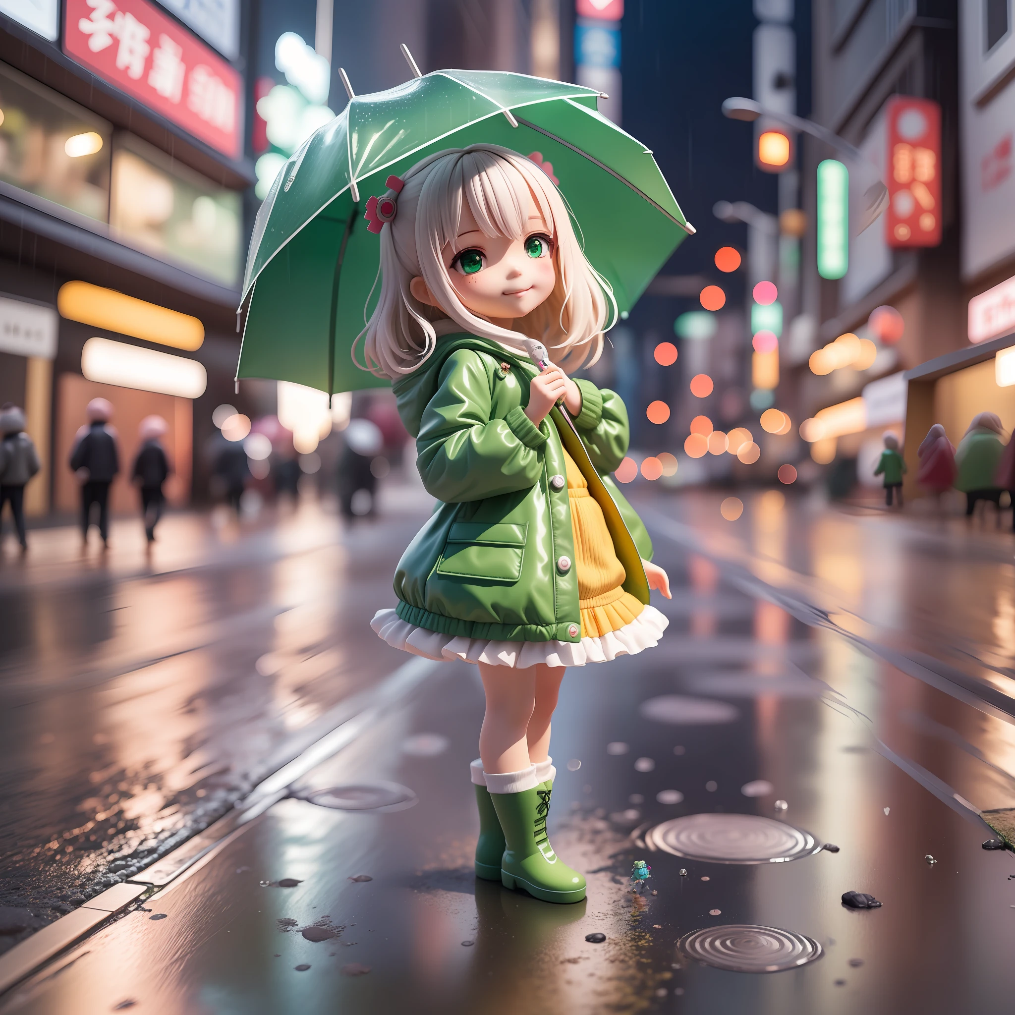 Chibi girl wearing transparent coat, holding umberella with frog texture, rainy, smille character, wearing green boots, HDR, Blindbox, 4D, 3D, hard shadow, hard light, cute and smol figure, rainy tokyo background it evening, more NPC