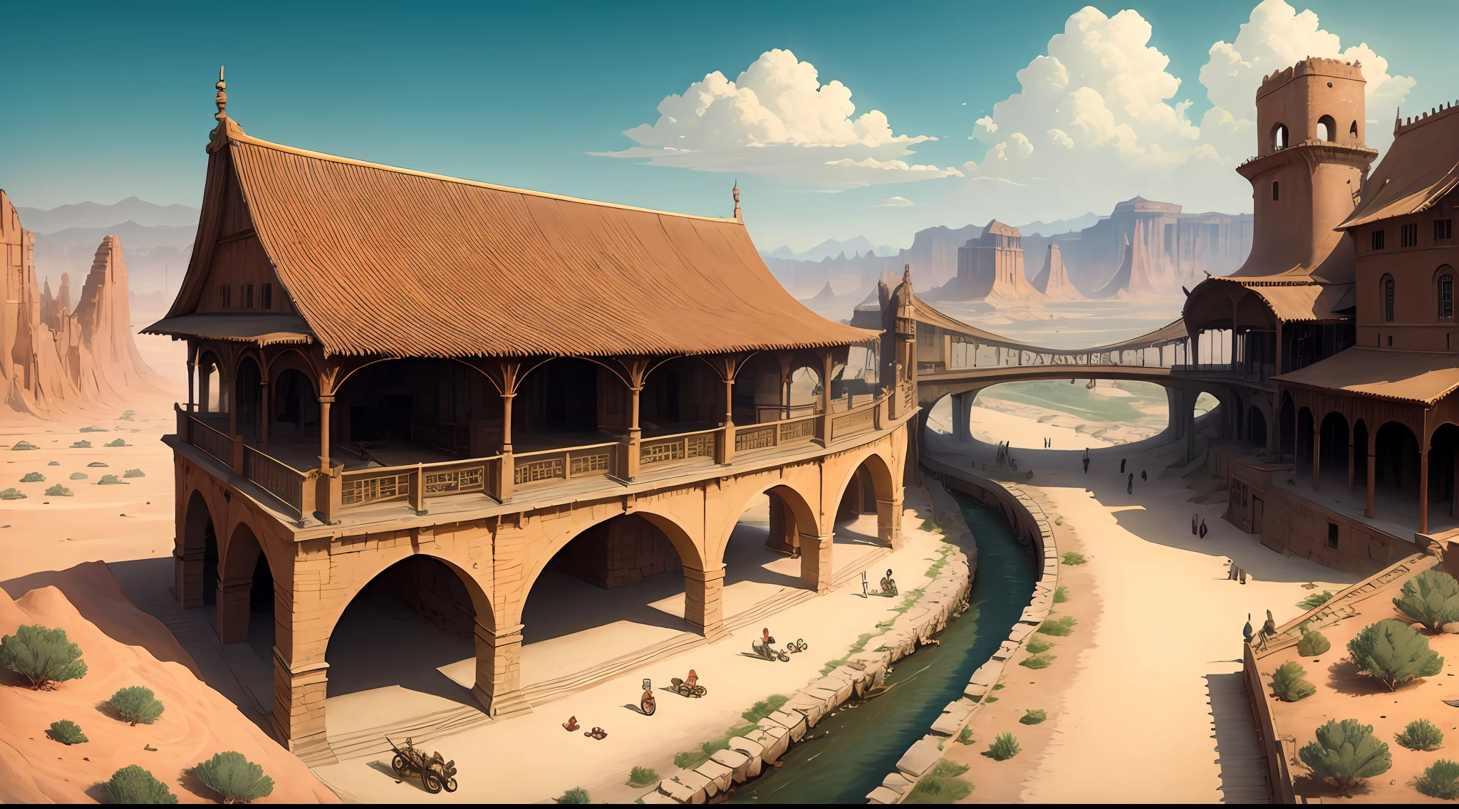 Bazaars, bridges, windy days, steampunk, deserts, isolated cities