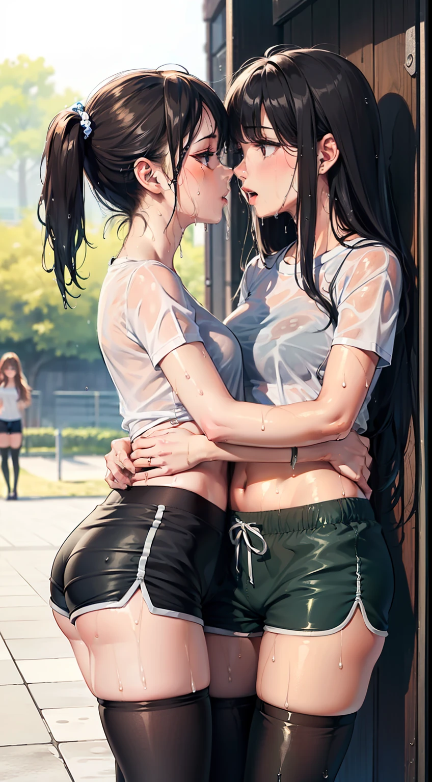 masterpiece, best quality,
kiss,kenzenkiss,(3 girl:1.5),cowboy shot, 
(wet clothes, wet shorts,wet thighhighs, wet hair:1.5), Different hair colors, different hairstyles,t-shirt, shorts,