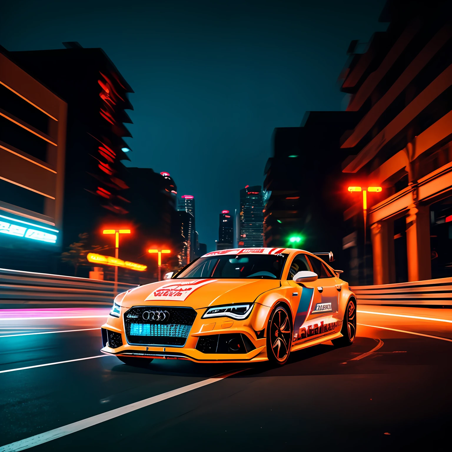 Time laps Gyroscope, Car Commercial Photography, Audi RS7 Racing, Night Scene, Light Painting, Neon Lights, Motion Blur,-- AR16:9 -- original style --auto
