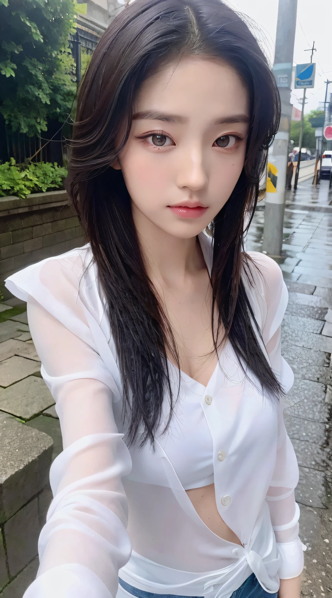 ((Best Quality, 8K, Masterpiece: 1.3)), Sharp: 1.2, Perfect Body Beauty: 1.4, Slim Abs: 1.2, ((Layered Hairstyle, Big Breasts: 1.2)), (Wet White Button Long Shirt: 1.1), (Rain, Street: 1.2), Wet: 1.5, Highly Detailed Face and Skin Texture, Detailed Eyes, Double Eyelids, Looking at the Camera