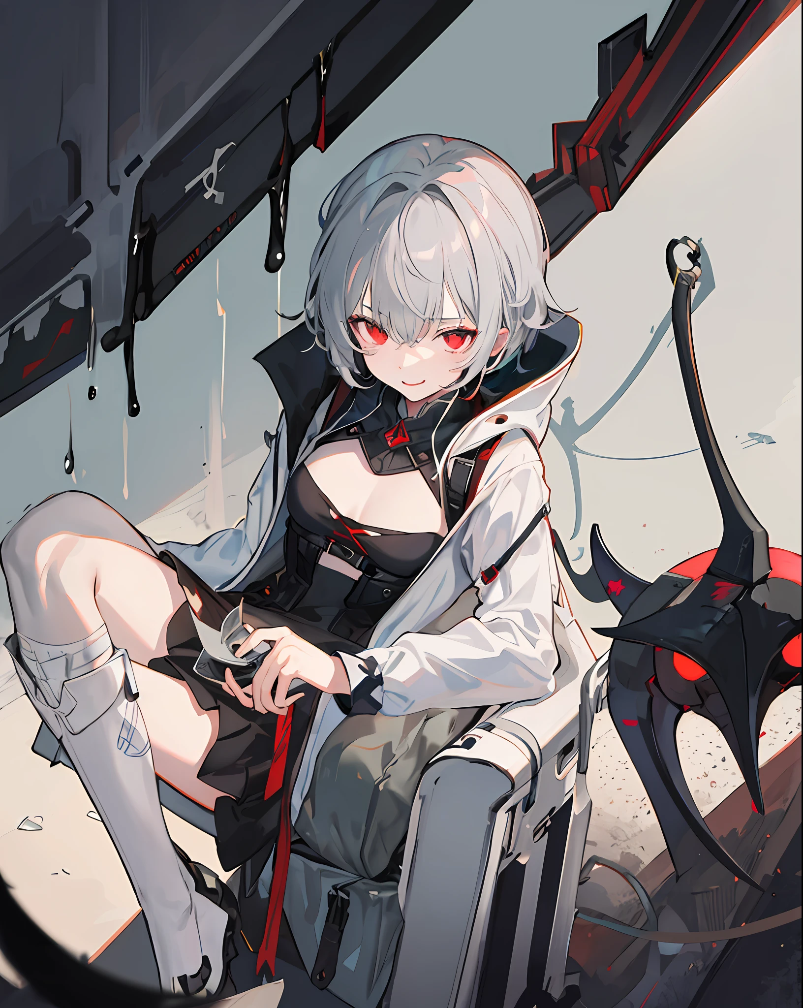 1girl, solo, masterpiece, best quality, gray hair, gray hair, gray hair, red eyes, blackening, darkness, sickle, shadow, villain, sneer, look down, black shadow, sticky black liquid, gloomy