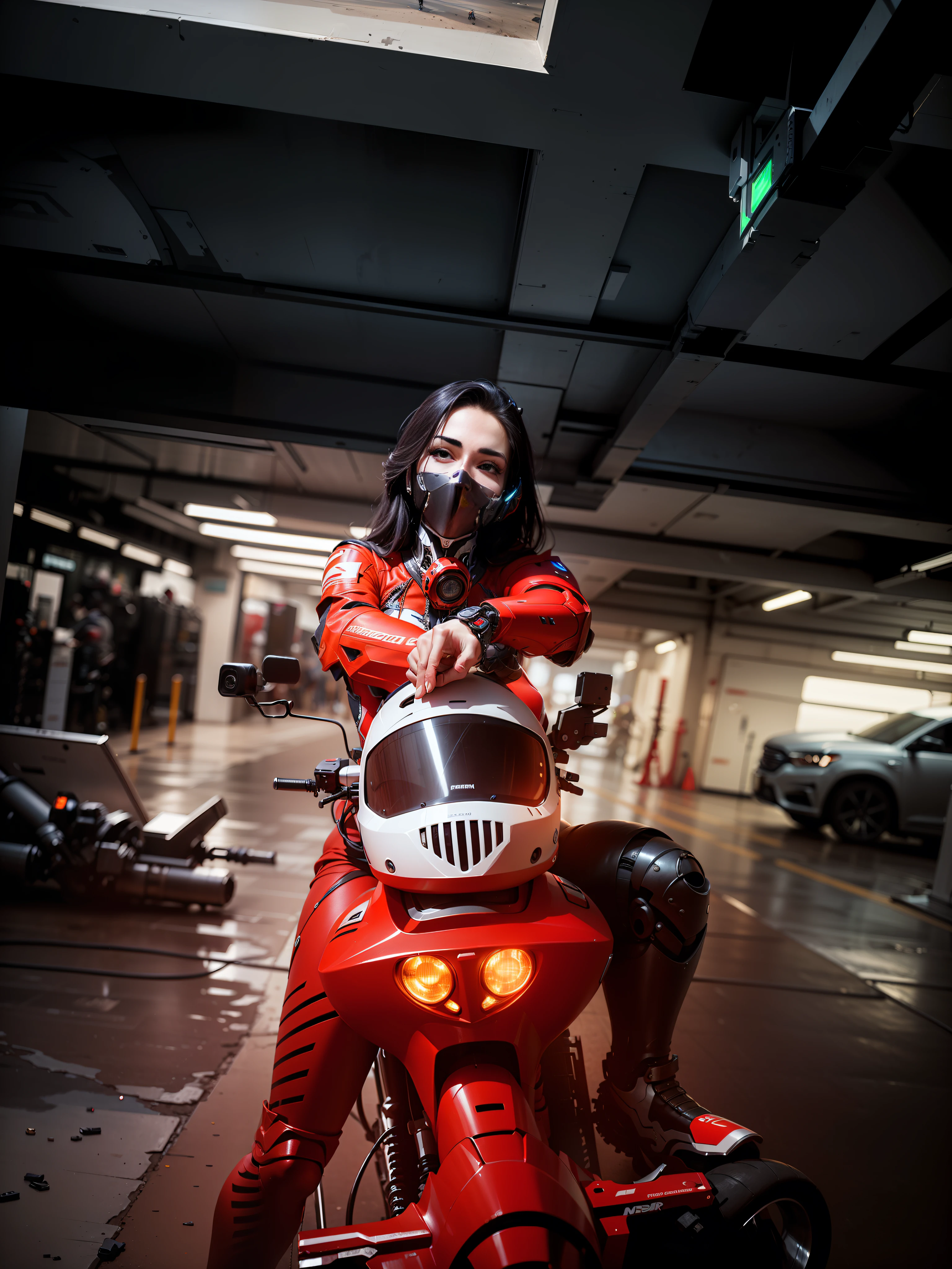 Sexy Cyber Warrior Woman and Cyber Mechanical Motorcycle, Nousr, Biomechanics, MSHN Robot Woman, High-Tech Helmet, Hyperreal, Steel, Intricate Design, Crazy Details, Fine Details, Extremely Clear Lines, Cinematic Lighting, Photo Realistic, Detailed Masterpiece