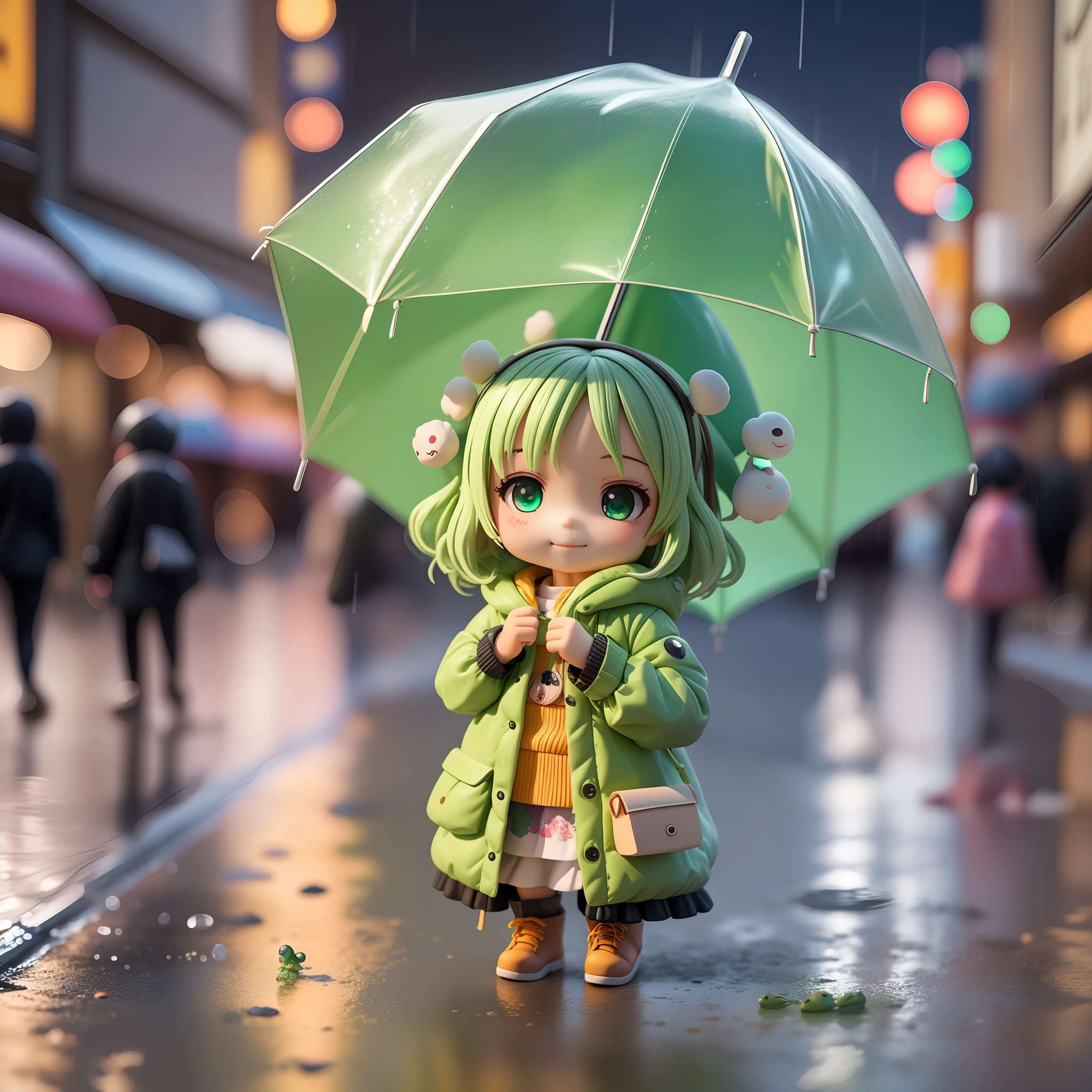 Chibi girl wearing transparent coat, holding umberella with frog texture, rainy, smille character, wearing green boots, HDR, Blindbox, 4D, 3D, hard shadow, hard light, cute and smol figure, rainy tokyo background it evening, more NPC
