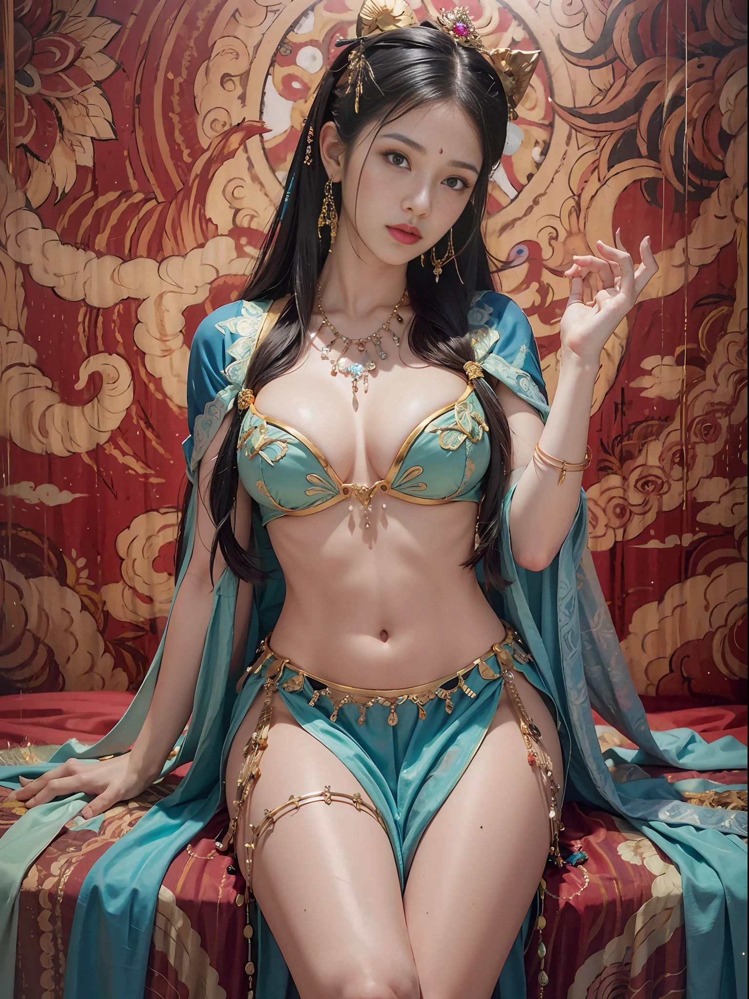 Top Quality, Masterpiece, Ultra High Resolution, (Photorealistic: 1.4) 1girl, beautiful_face, Detailed Skin, Full Body, Jewelry, Solo, Earrings, (Tue: 1.3), Blurry, Realistic, Lips, Dunhuang Style, (Zentangle: 1.2), (Flower: 1.4), Big Breasts, Navel Reveal, Thin, Big, Ancient