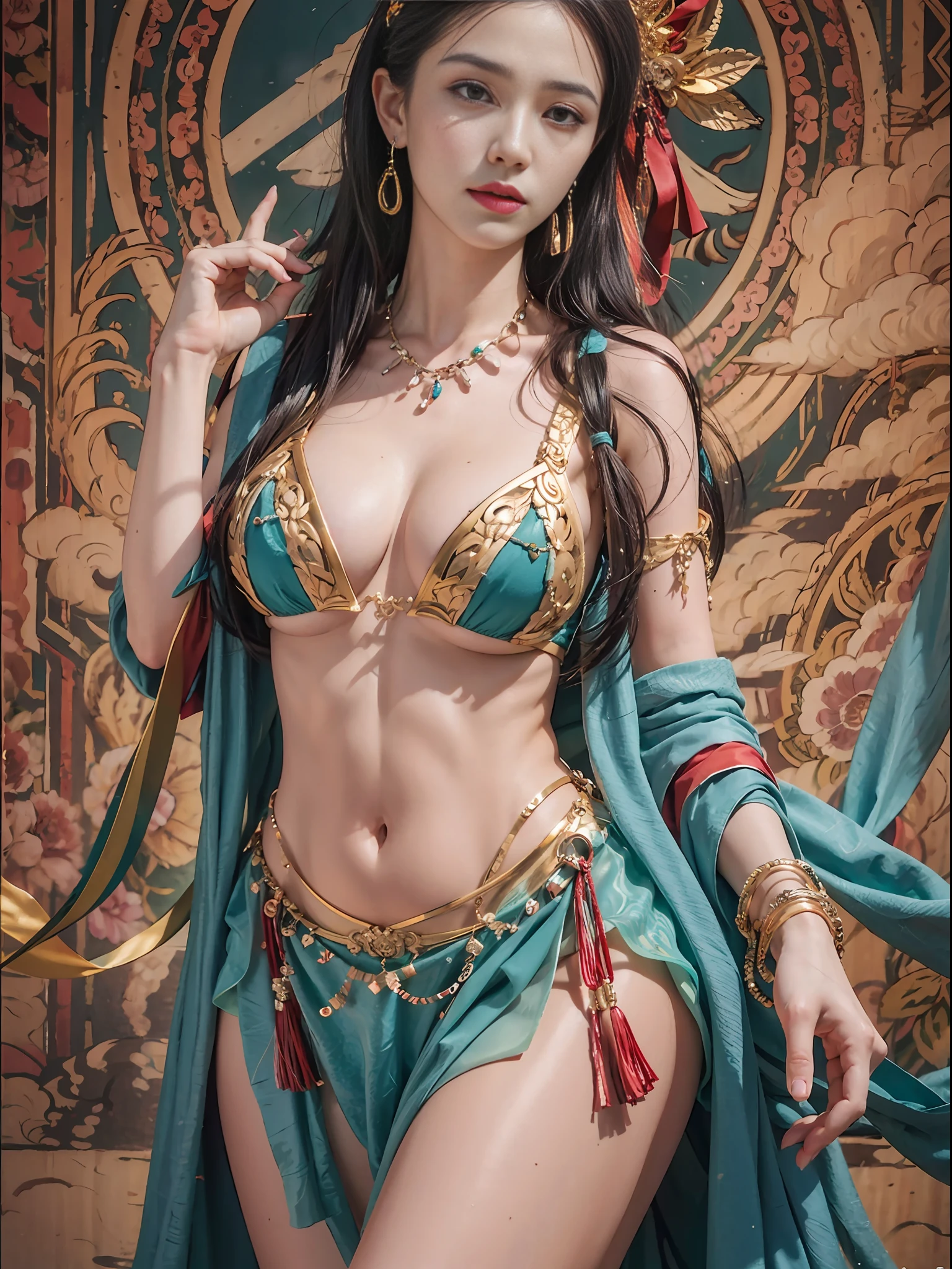 Top Quality, Masterpiece, Ultra High Resolution, (Photorealistic: 1.4) 1girl, beautiful_face, Detailed Skin, Full Body, Jewelry, Solo, Earrings, (Tue: 1.3), Blurry, Realistic, Lips, Dunhuang Style, (Zentangle: 1.2), (Flower: 1.4), Big Breasts, Navel Reveal, Thin, Big, Ancient