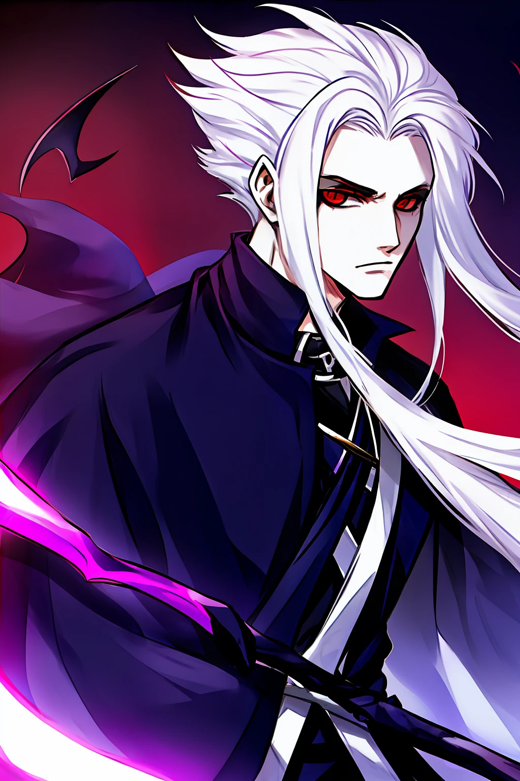 A guy in a necromancer's outfit with big white hair, a scythe in his hand and red eyes with dark energy all around him