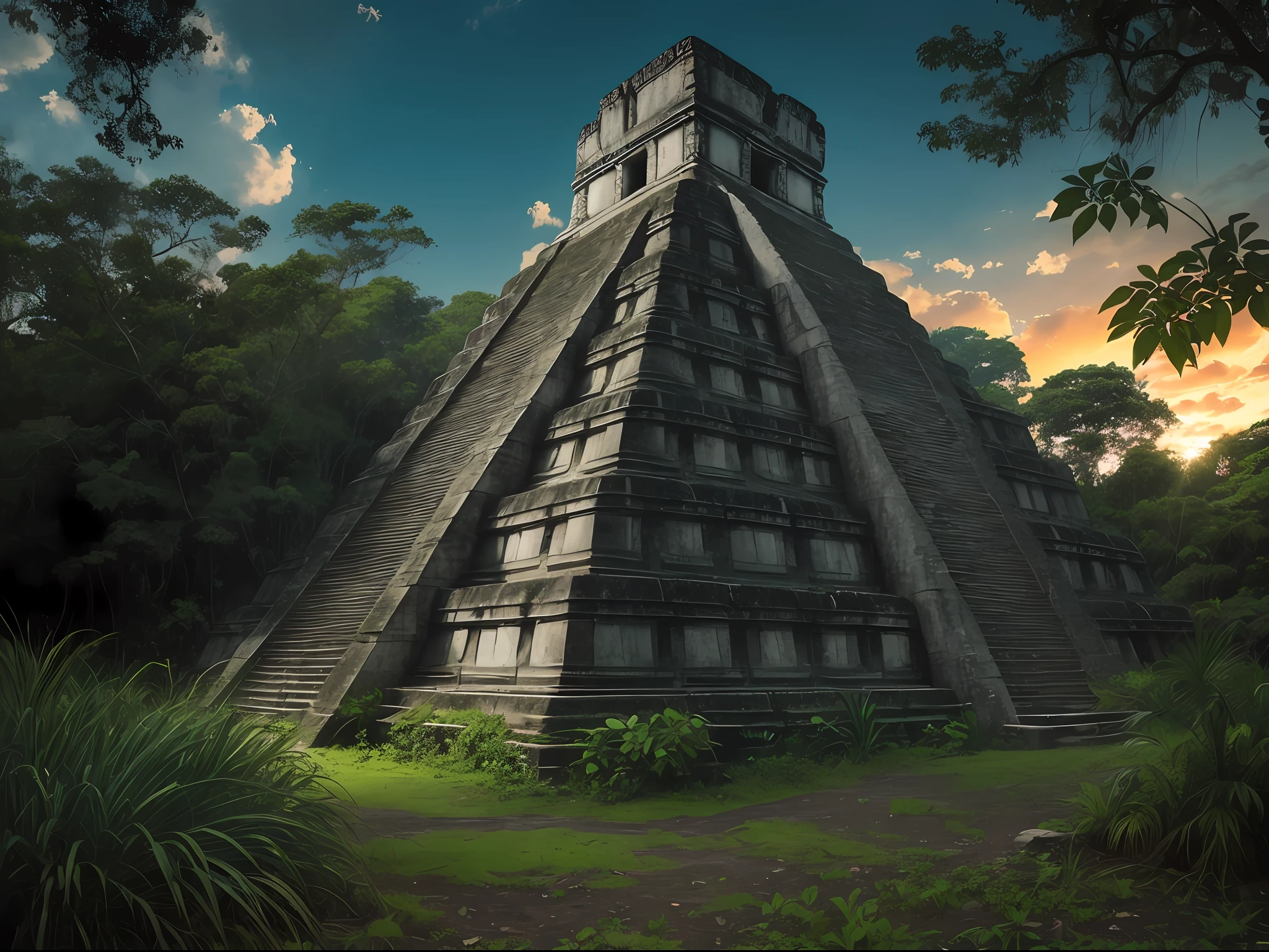 An amazing historical photograph of Tikal in the style of Peter Lik. The photo captures the ancient ruins in the heart of the jungle, surrounded by lush vegetation. The lighting is dramatic, with the sun setting behind the ruins, casting long shadows across the ground. --auto --s2
